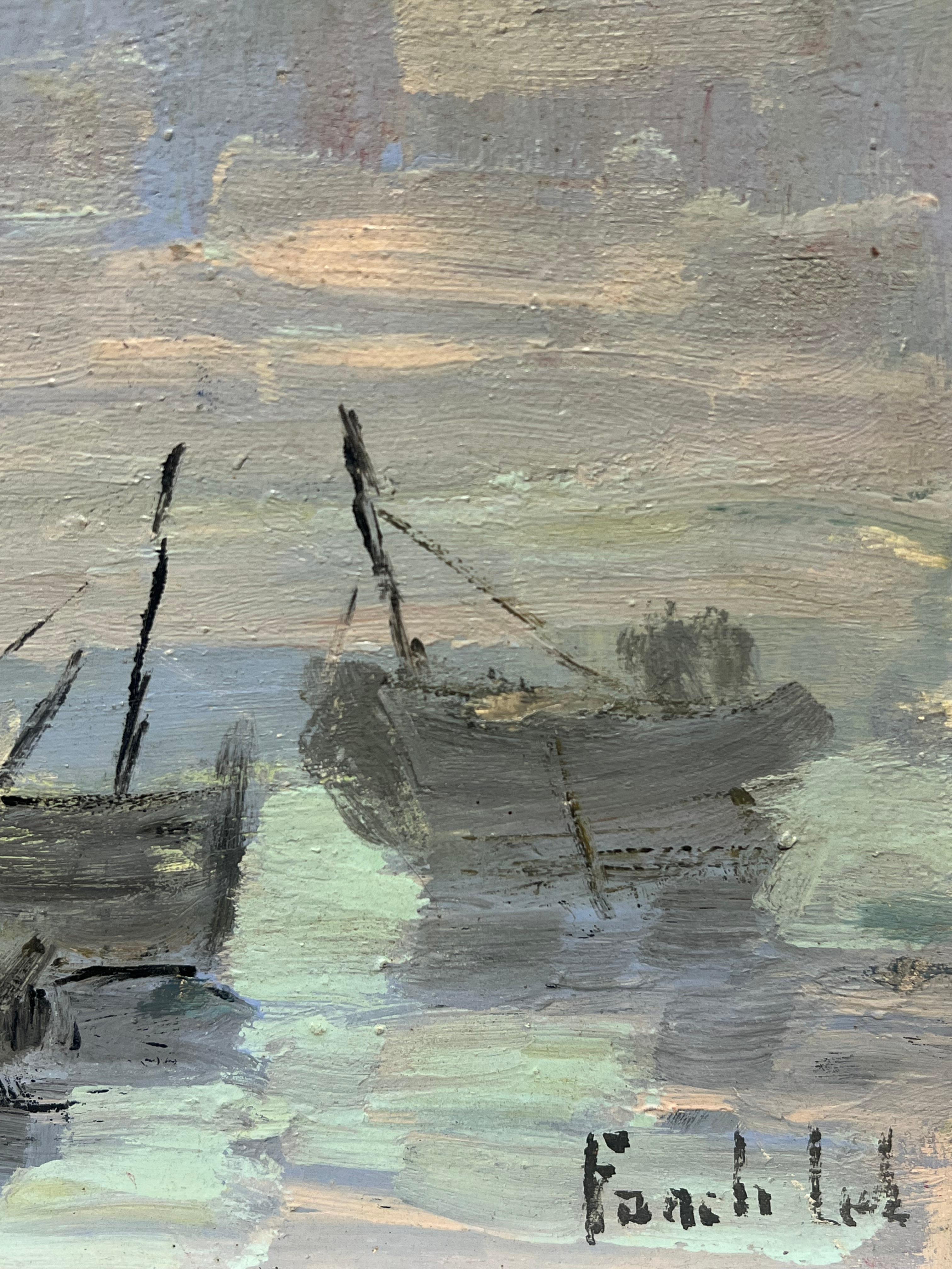 Scena costiera impressionista di metà secolo Paesaggio marino muto con barche all'alba - Painting Impressionismo di Fanch Lel