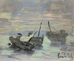 Mid Century Impressionist Coastal Scene Muted Seascape with Boats at Dawn