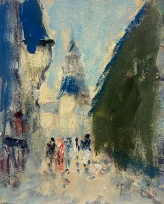 Scène urbaine vibrante du milieu du siècle avec des personnages et une grande huile d'architecture