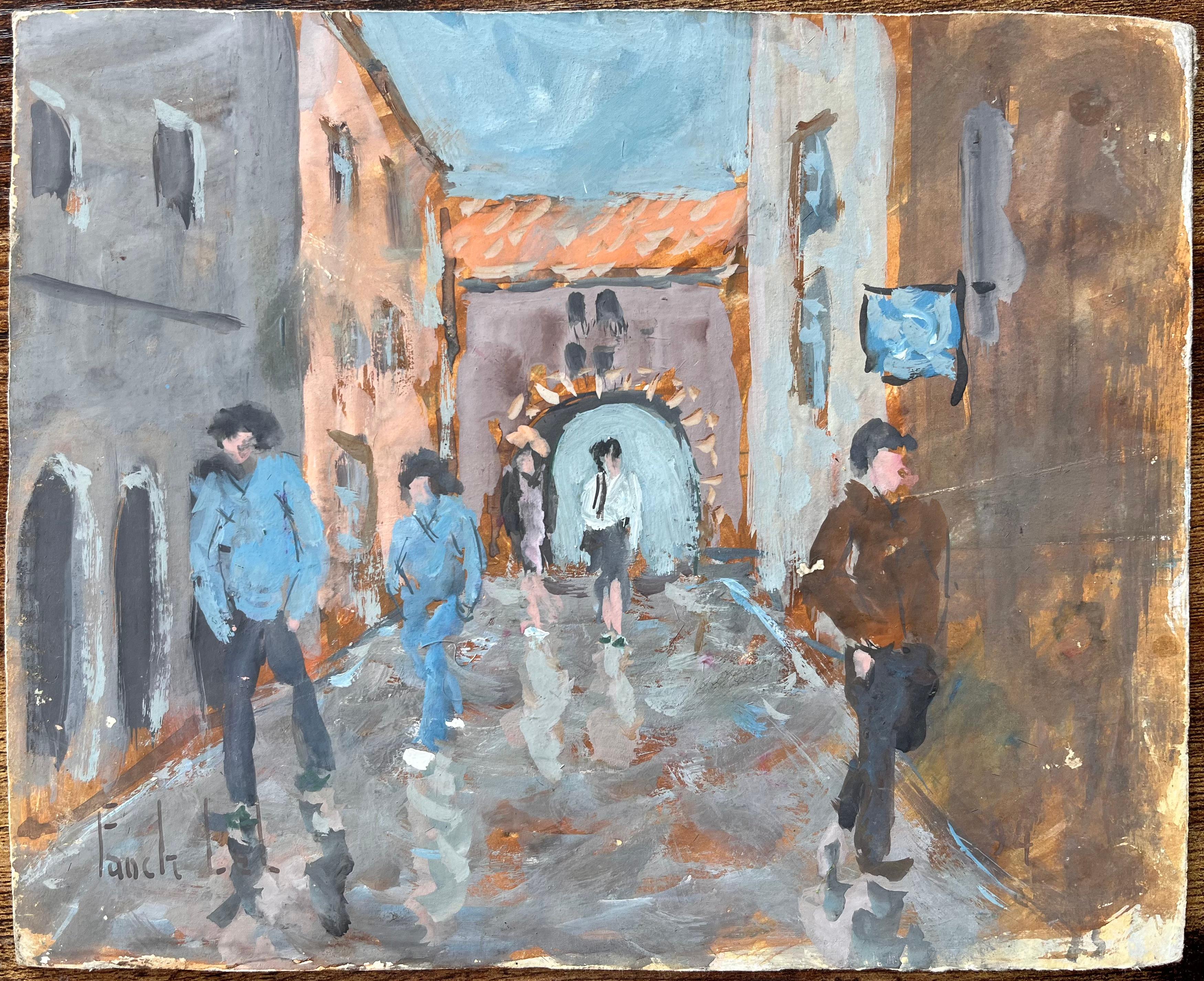 Scène de rue impressionniste moderne avec des personnages et une arche dans un village européen - Painting de Fanch Lel