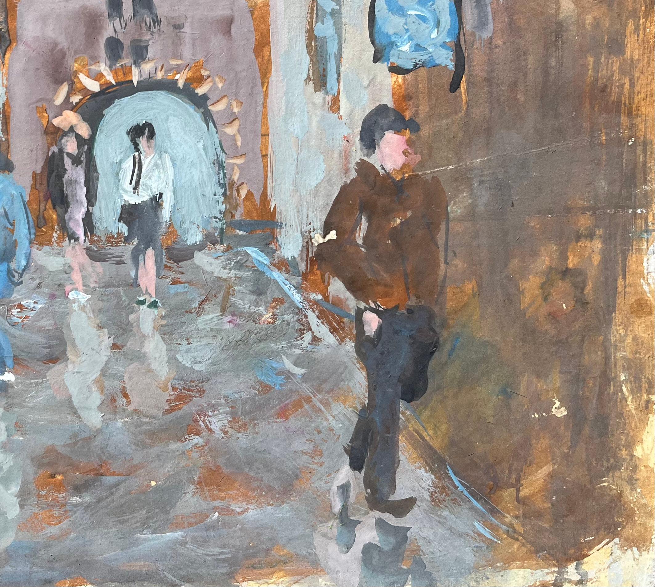 Scène de rue impressionniste moderne avec des personnages et une arche dans un village européen - Impressionnisme Painting par Fanch Lel