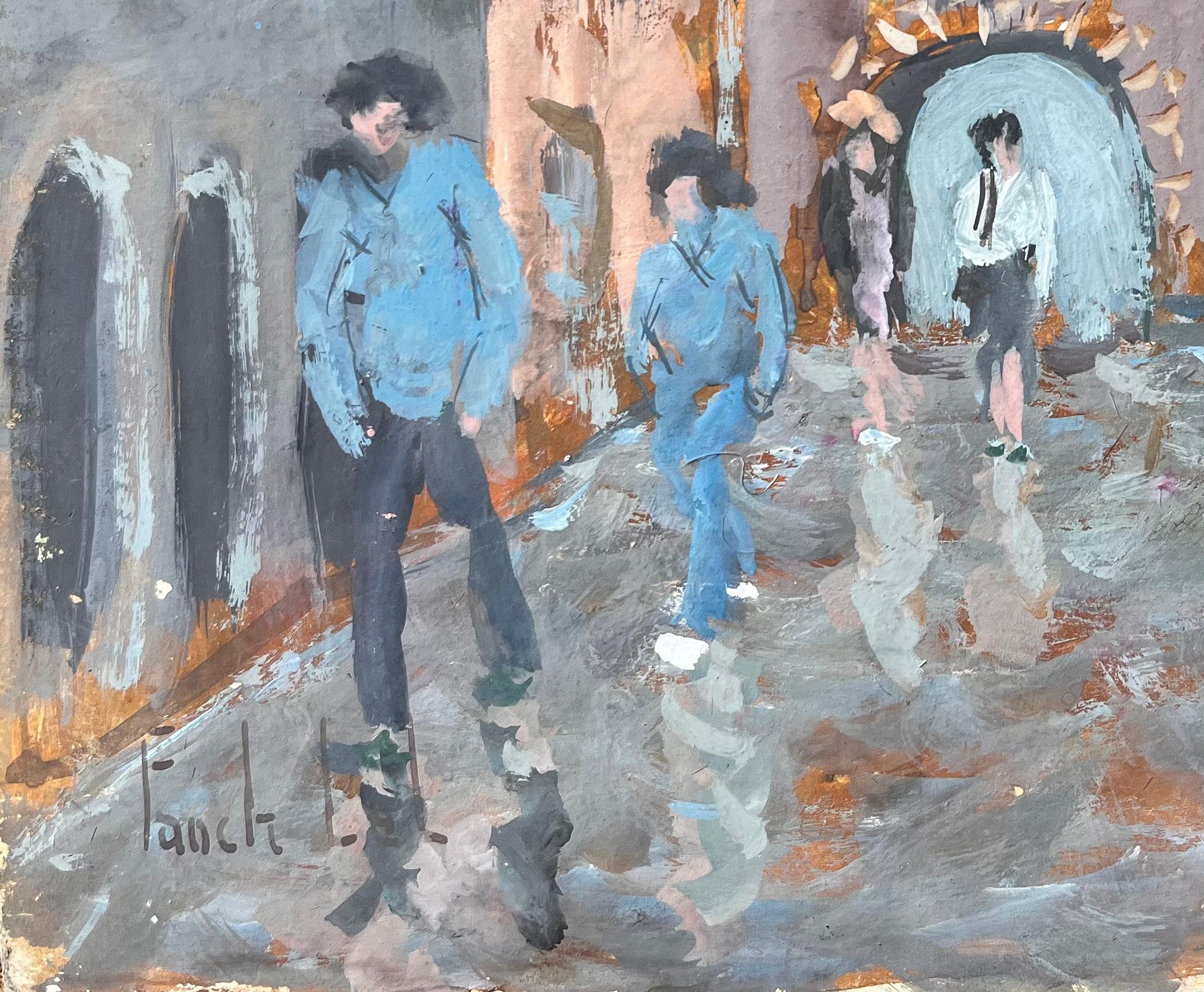 Scène de rue impressionniste moderne avec des personnages et une arche dans un village européen - Gris Landscape Painting par Fanch Lel