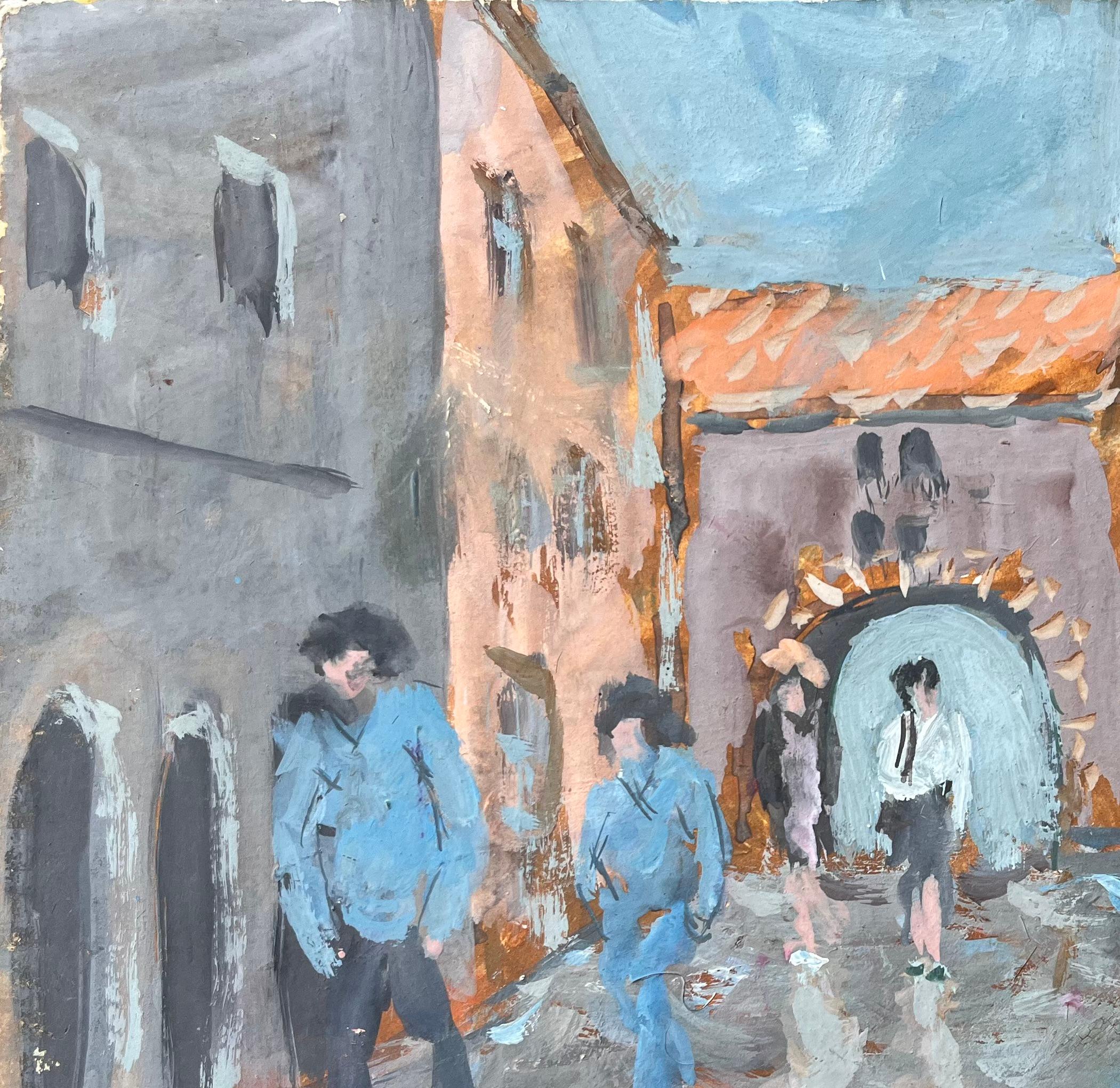 Titre : Scène de rue impressionniste moderne avec personnages et arcade dans un village européen
par Fanch Lel
Taille : 8.75 pouces (hauteur) x 10.75 pouces (largeur)
Moyen d'expression : Huile sur carton, non encadrée
Condit : Le tableau est en bon