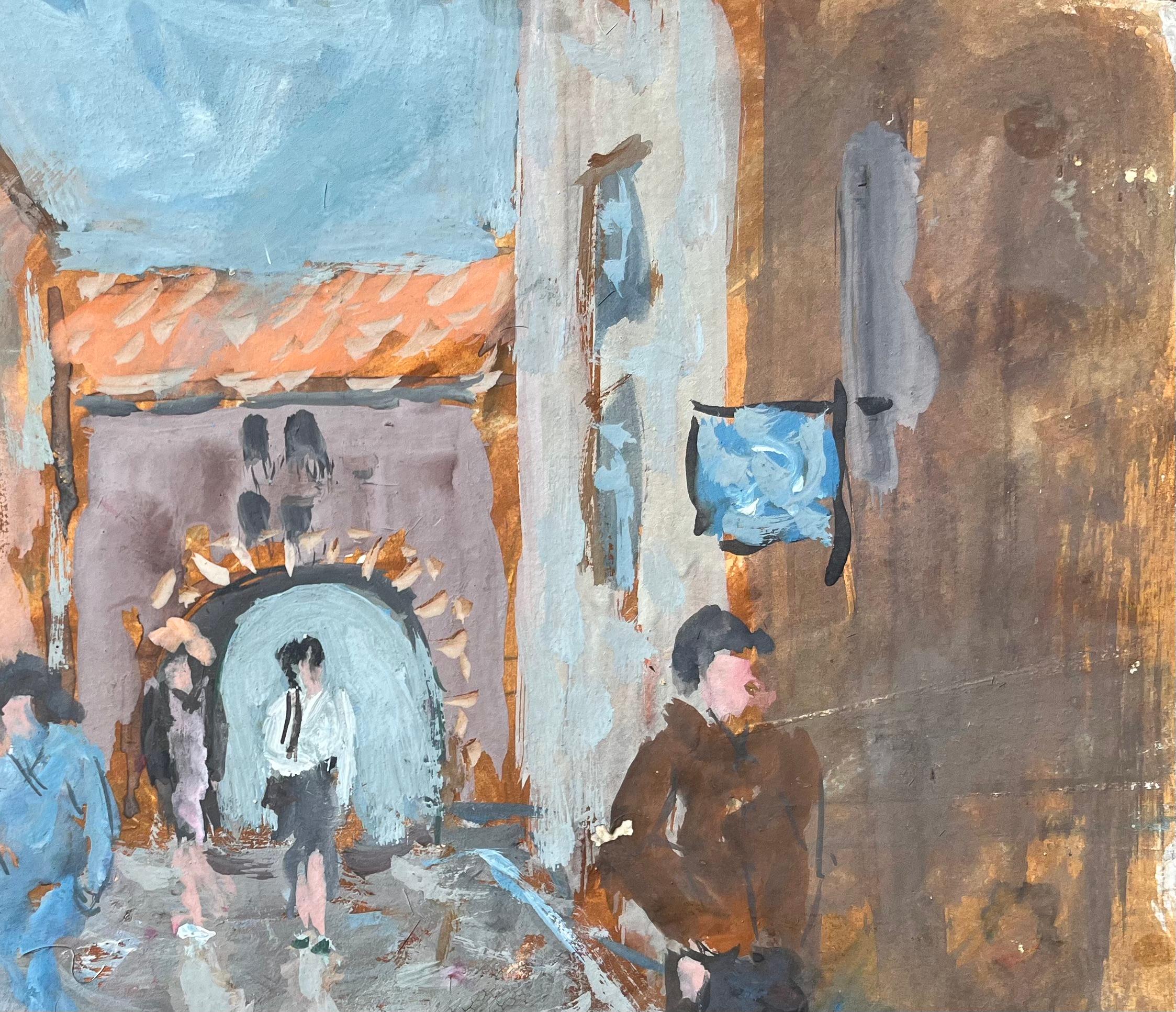 Scène de rue impressionniste moderne avec des personnages et une arche dans un village européen en vente 1