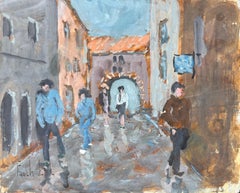 Modern Impressionist Street Scene with Figures and Archway in a European Village