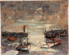 Puerto de Moody Breton con barcos de pesca y faro al atardecer Óleo francés