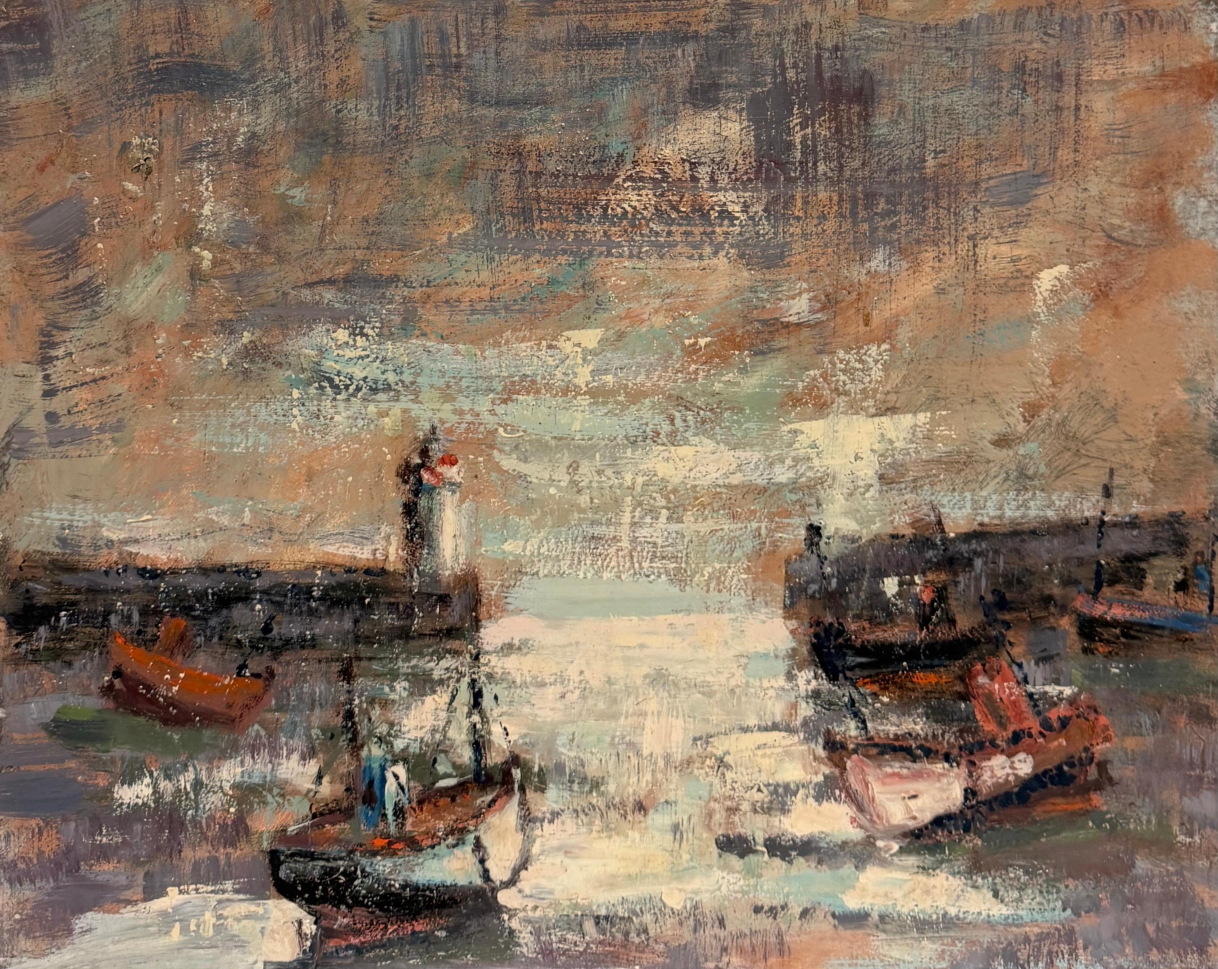 Port de Moody Breton avec bateaux de pêche et phare au crépuscule Huile française