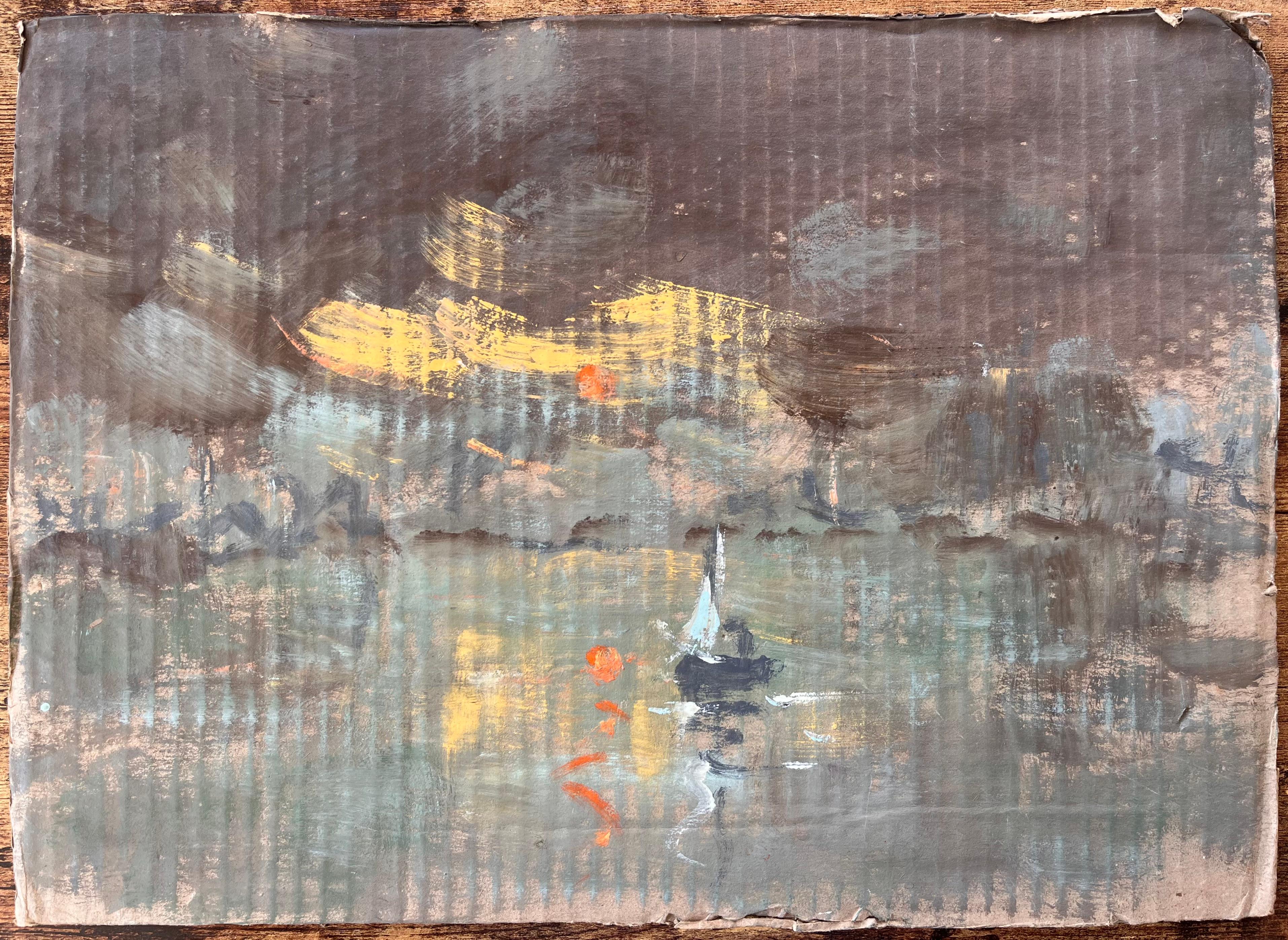 Scène de nuit impressionniste avec voilier et lumières de la ville sur l'eau - Painting de Fanch Lel
