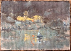 Moody Impressionist Night Scene with Sailboat and City Lights on Water