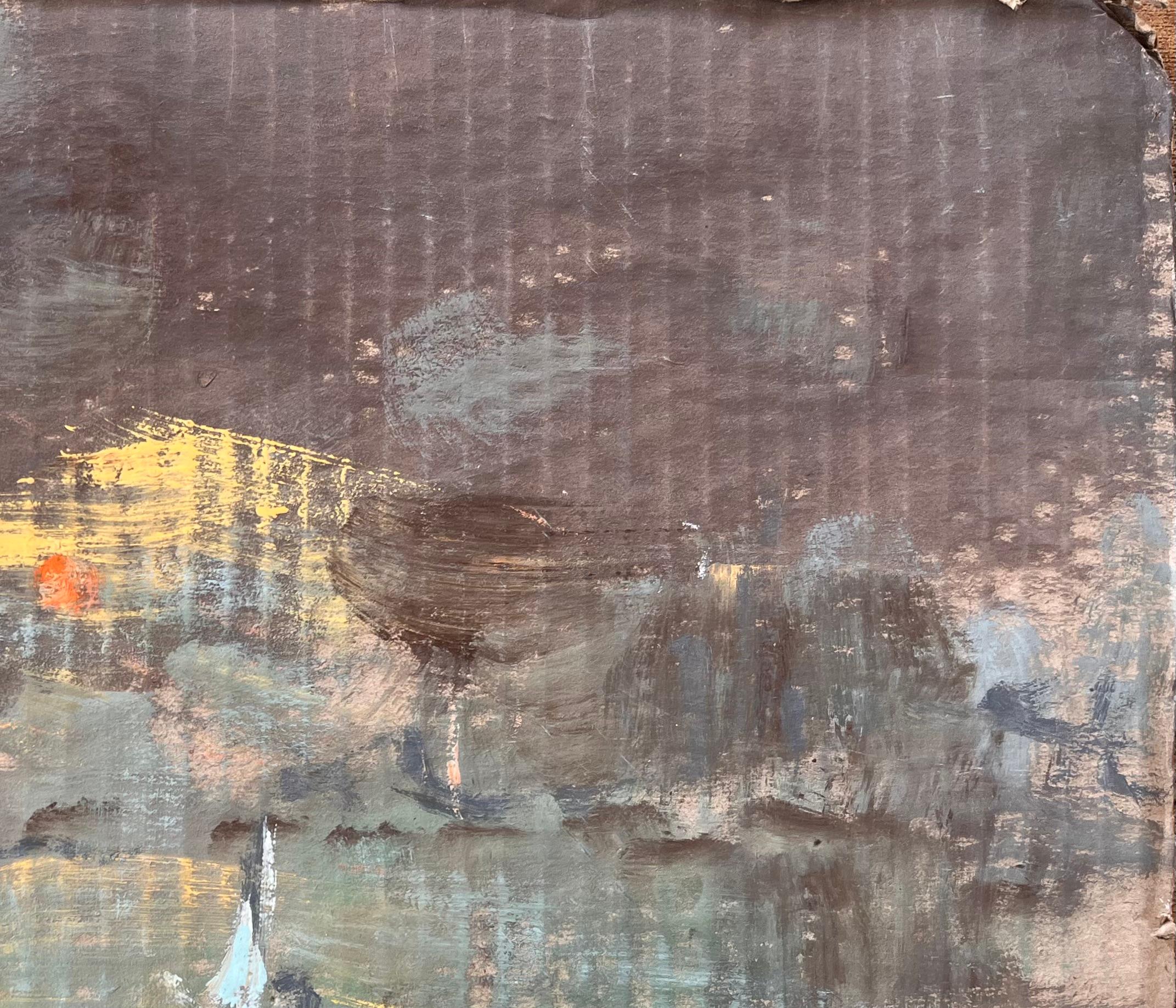 Scène de nuit impressionniste avec voilier et lumières de la ville sur l'eau - Gris Abstract Painting par Fanch Lel