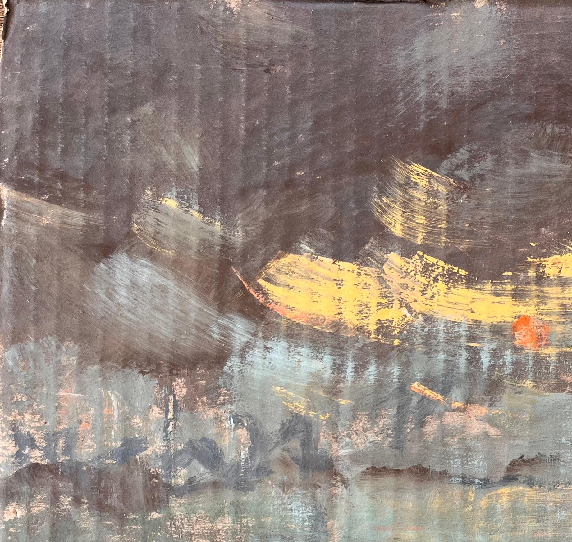 Moody Impressionist Night Scene with Sailboat and City Lights on Water For Sale 2