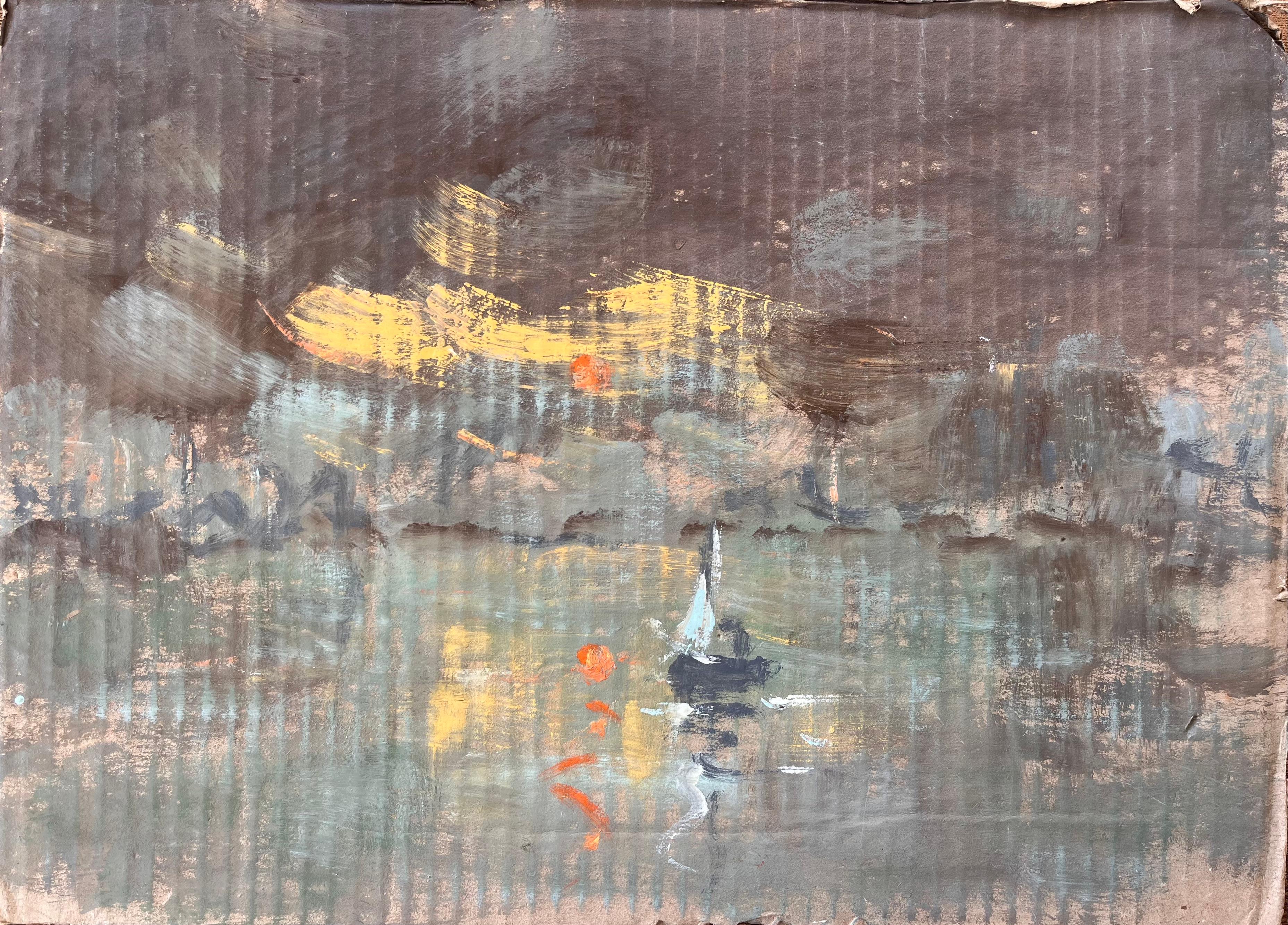 Stimmungsvolle impressionistische Nachtszene mit Segelboot und Lichtern der Stadt auf dem Wasser
