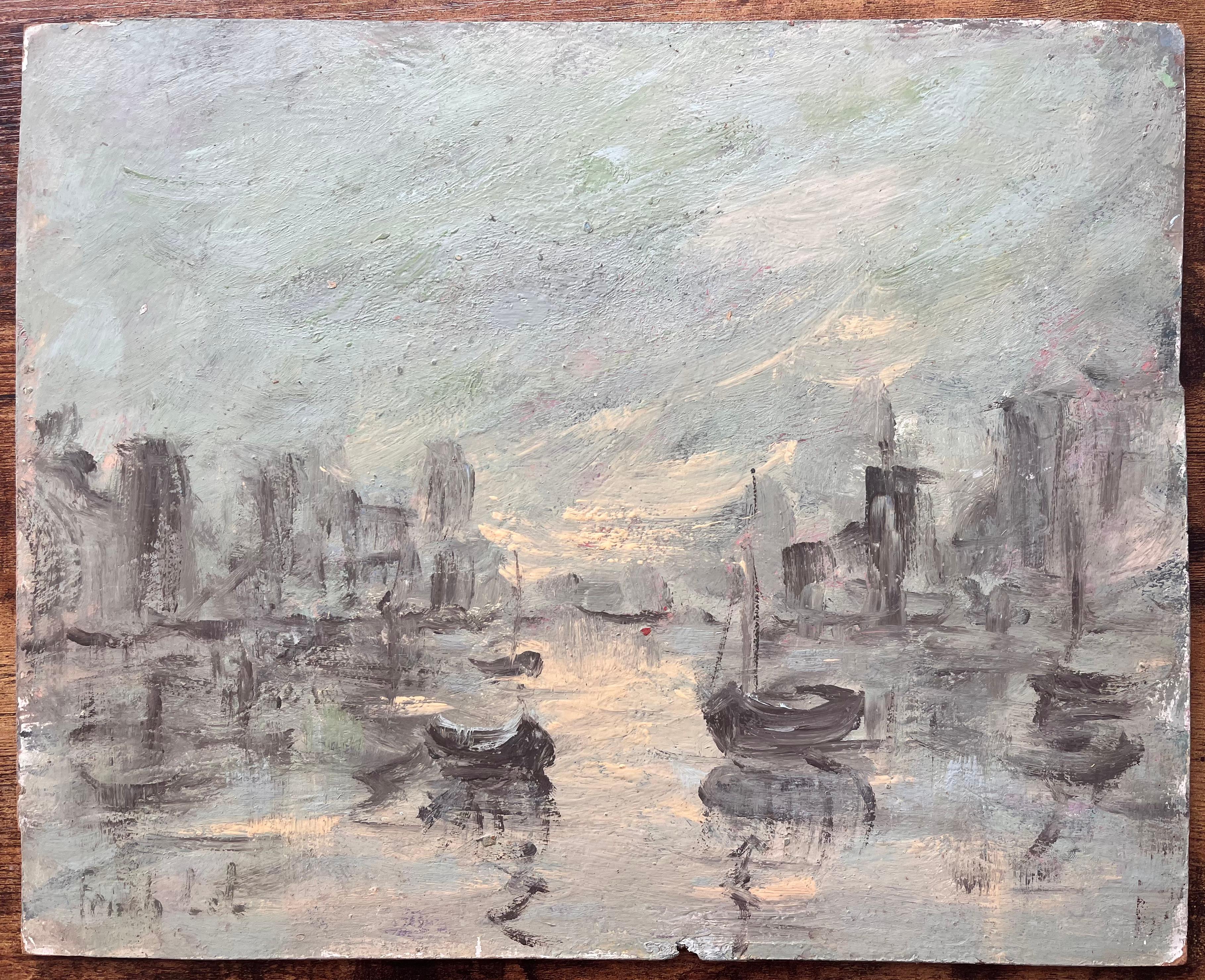 Malhumorada escena monocroma del puerto con reflejos y barcos de pesca - Painting de Fanch Lel