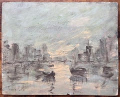 Malhumorada escena monocroma del puerto con reflejos y barcos de pesca