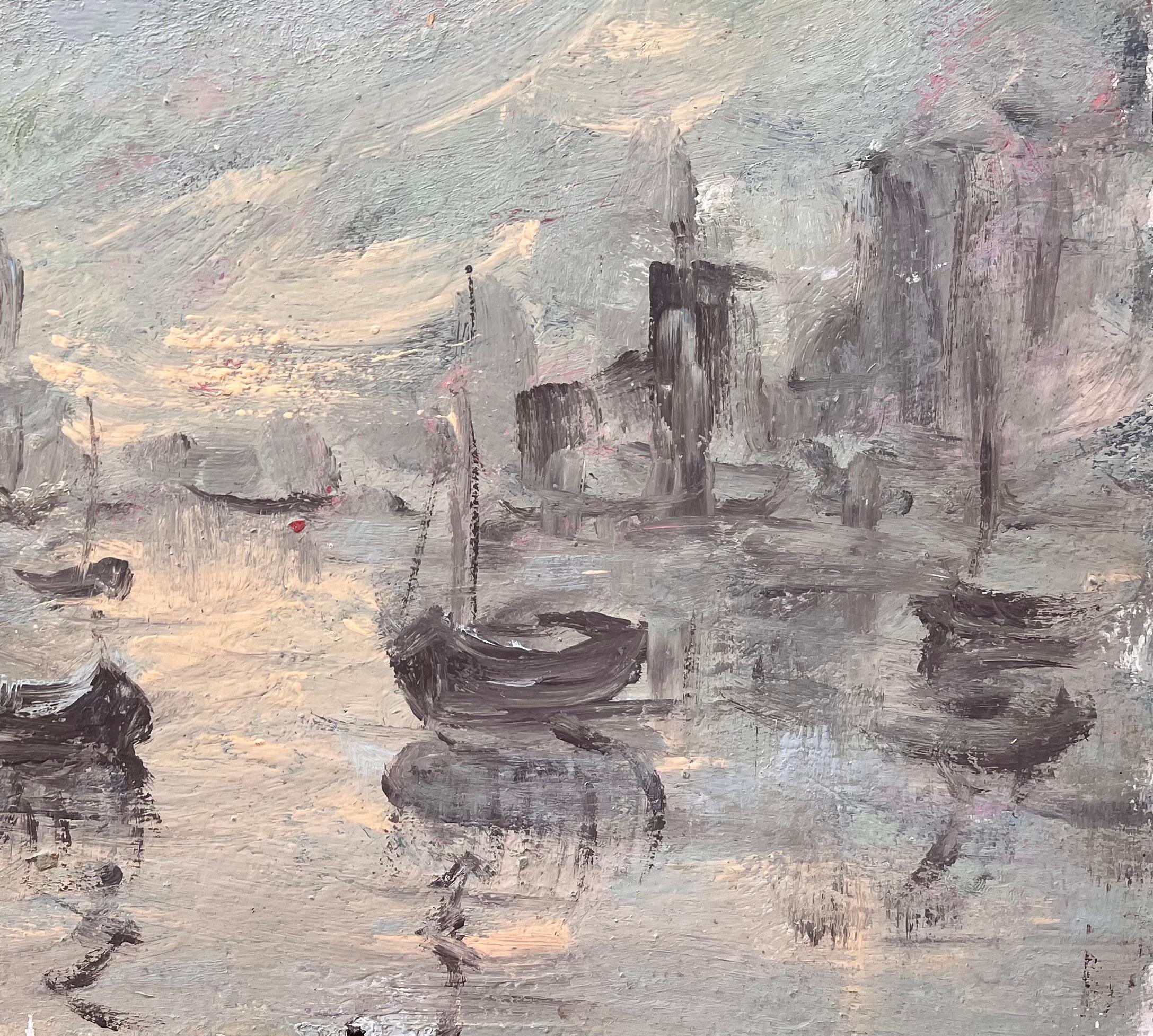 Malhumorada escena monocroma del puerto con reflejos y barcos de pesca - Painting Impresionista de Fanch Lel