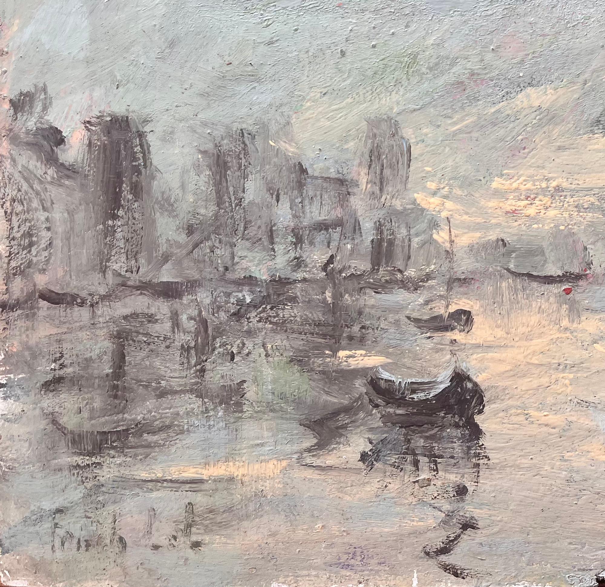 Malhumorada escena monocroma del puerto con reflejos y barcos de pesca - Landscape Painting Gris de Fanch Lel
