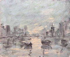Moody Monochrome Harbor Scene with Reflections and Fishing Boats