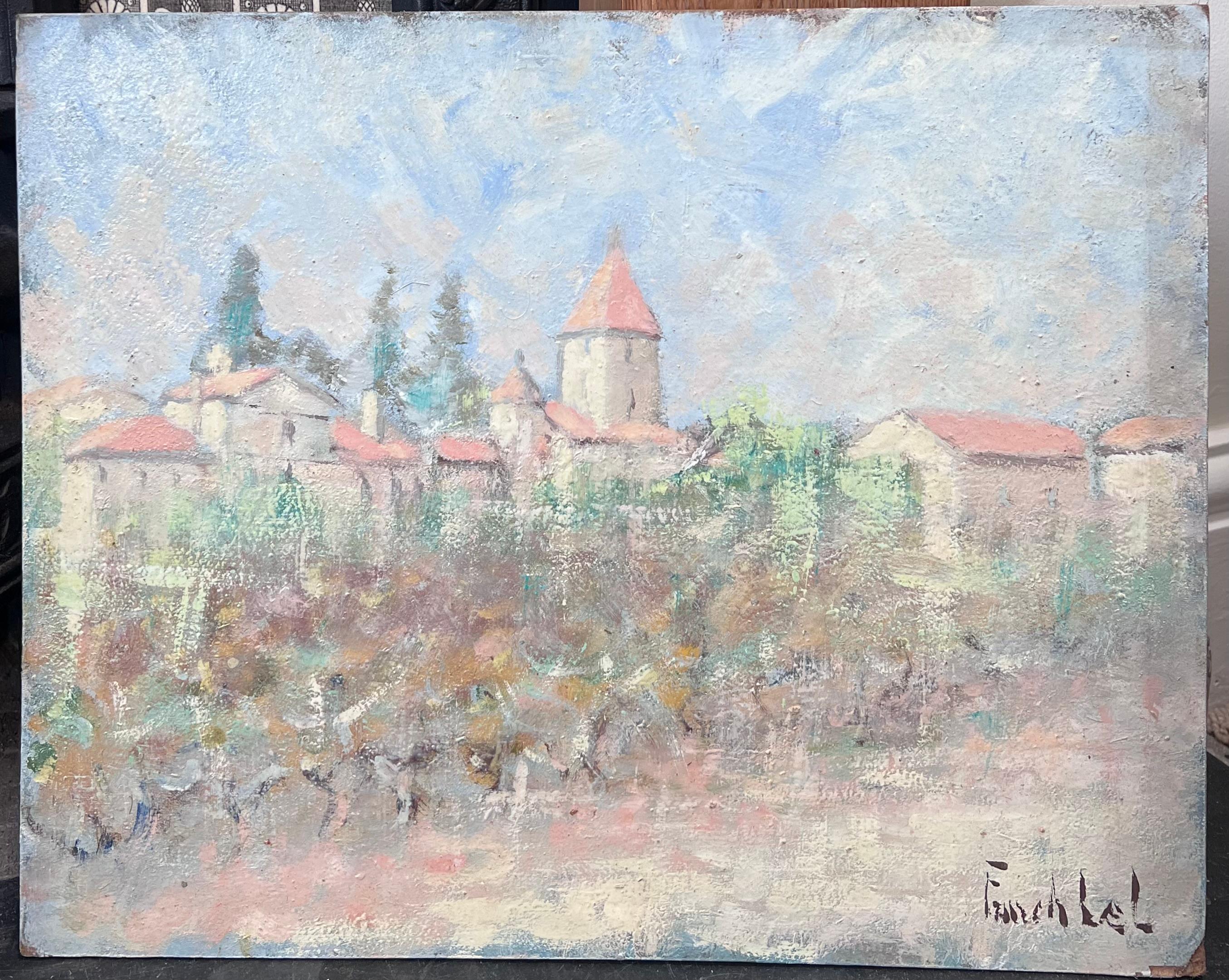 Olivenhain unter dem orangenen Dach Dorf Townes Französische Landschaft Ölgemälde – Painting von Fanch Lel