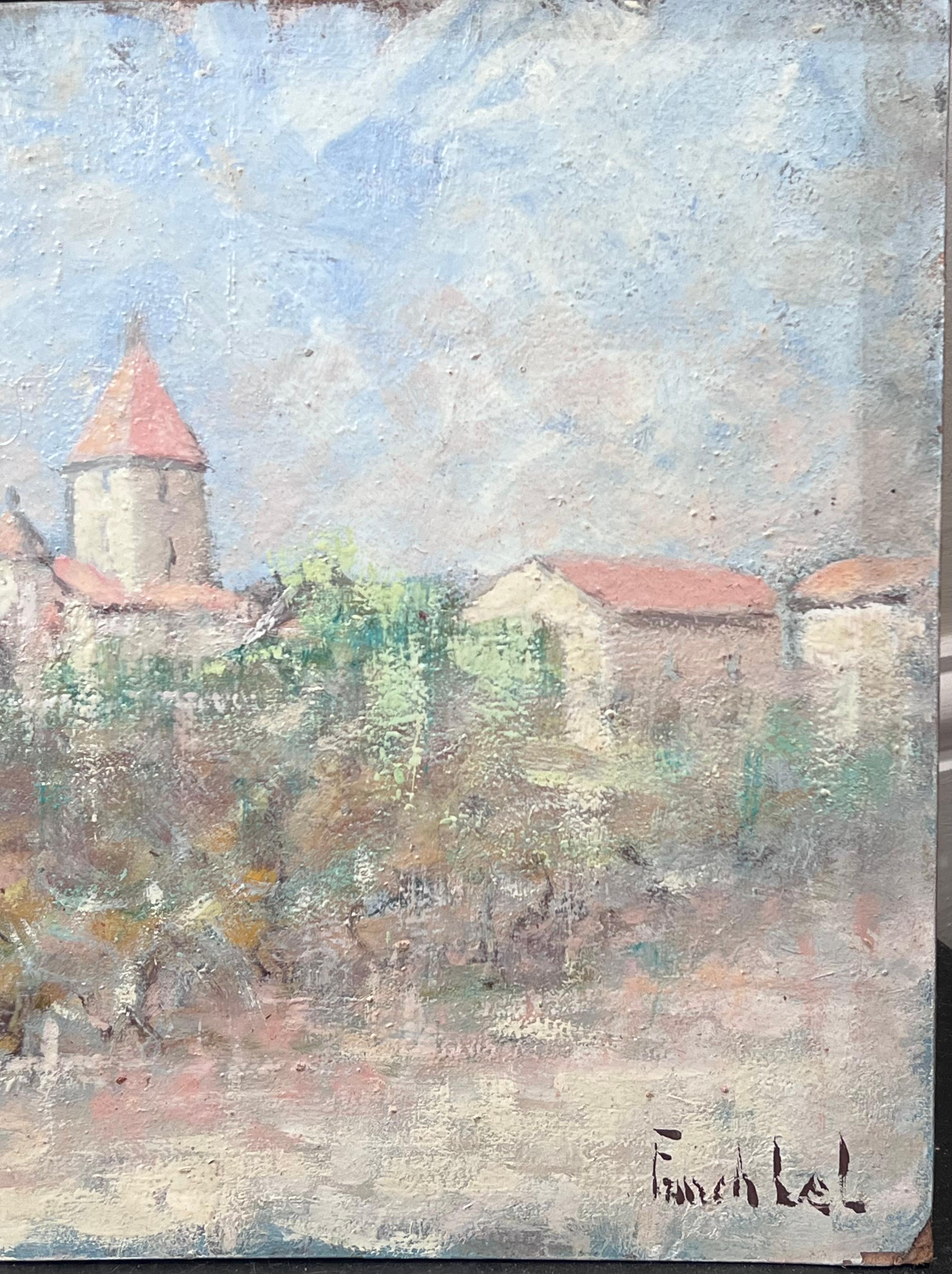 Olivenhain unter dem orangenen Dach Dorf Townes Französische Landschaft Ölgemälde (Grau), Landscape Painting, von Fanch Lel