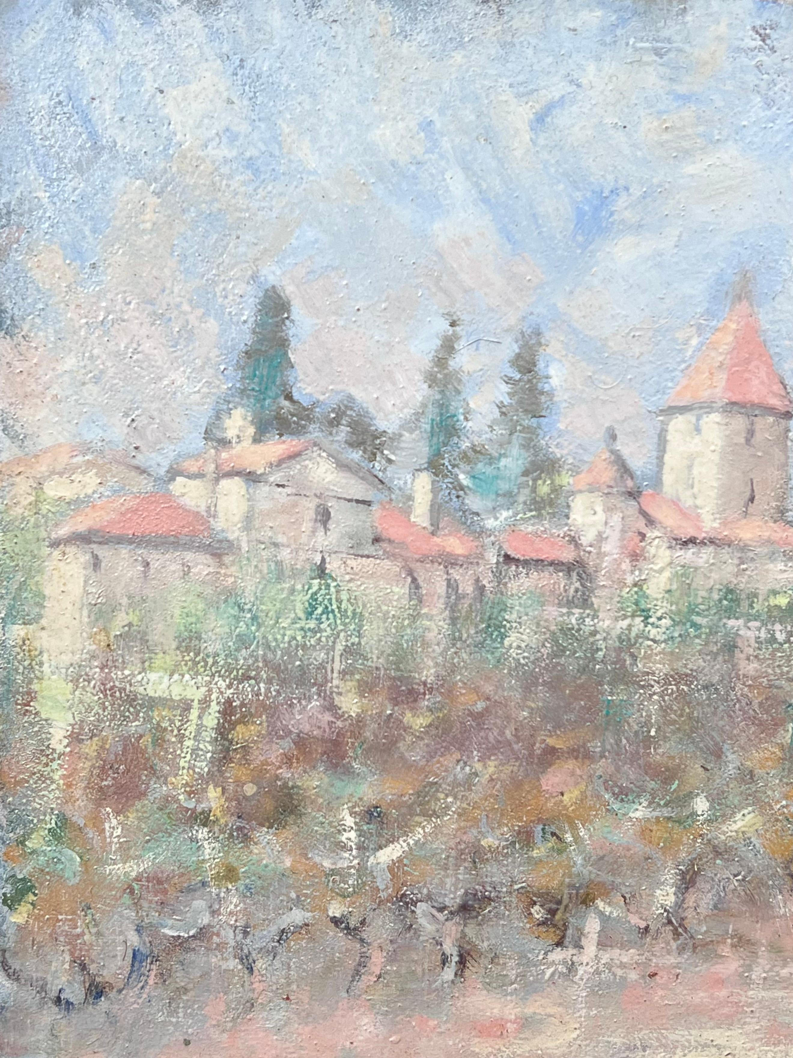 Olivenhain unter dem orangenen Dach Dorf Townes Französische Landschaft Ölgemälde im Angebot 1