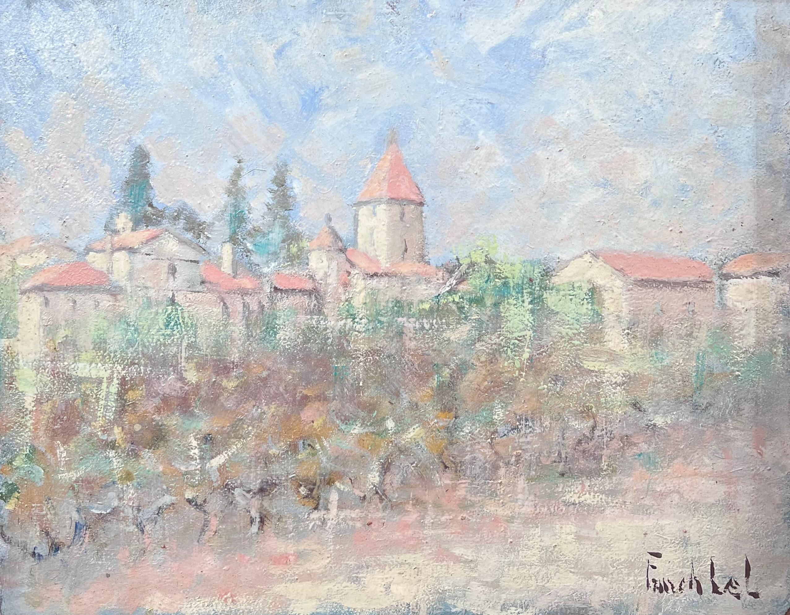 Fanch Lel Landscape Painting – Olivenhain unter dem orangenen Dach Dorf Townes Französische Landschaft Ölgemälde