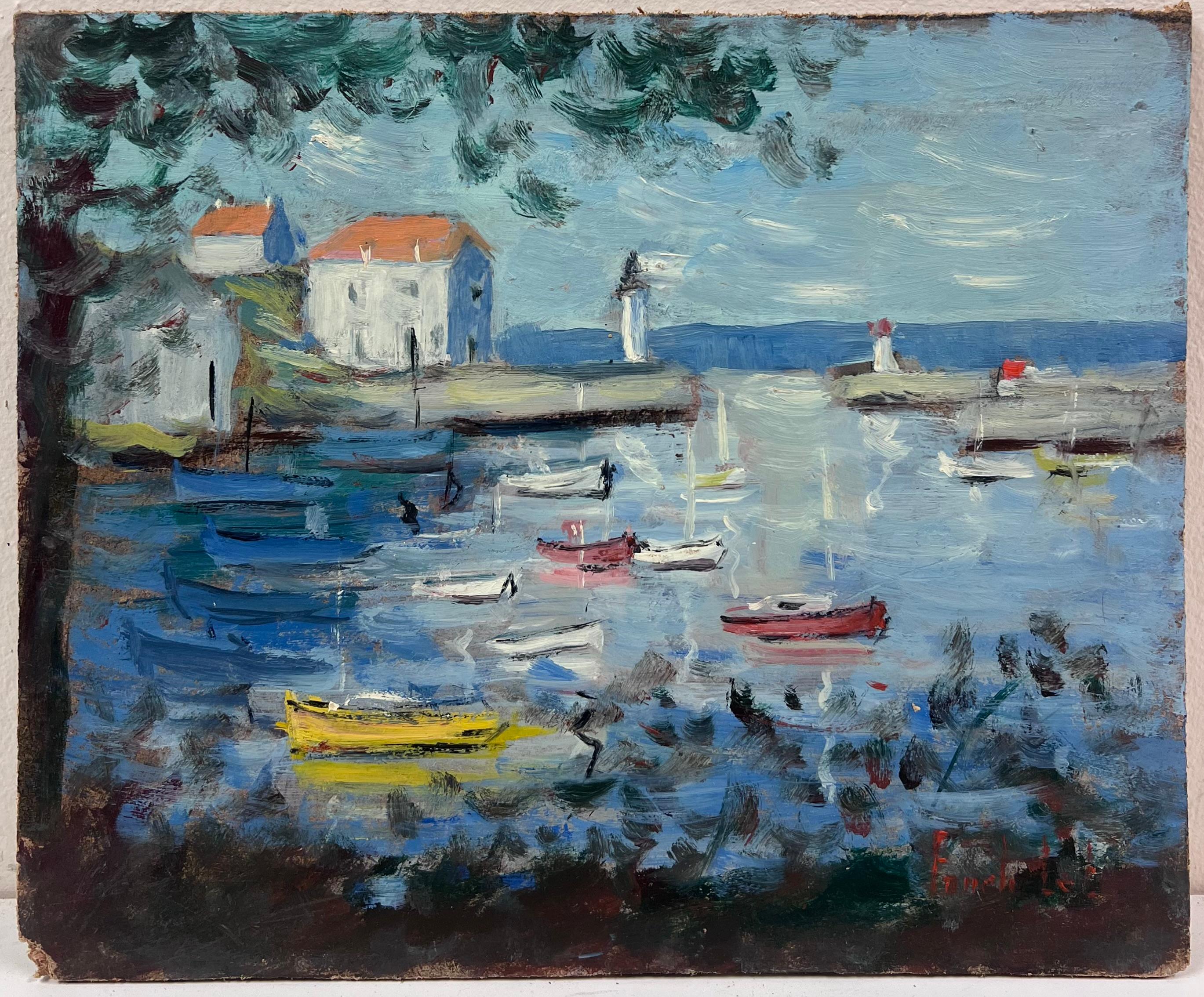 Pittura originale francese Riflessi di porto Barche a riposo vicino al faro - Painting di Fanch Lel
