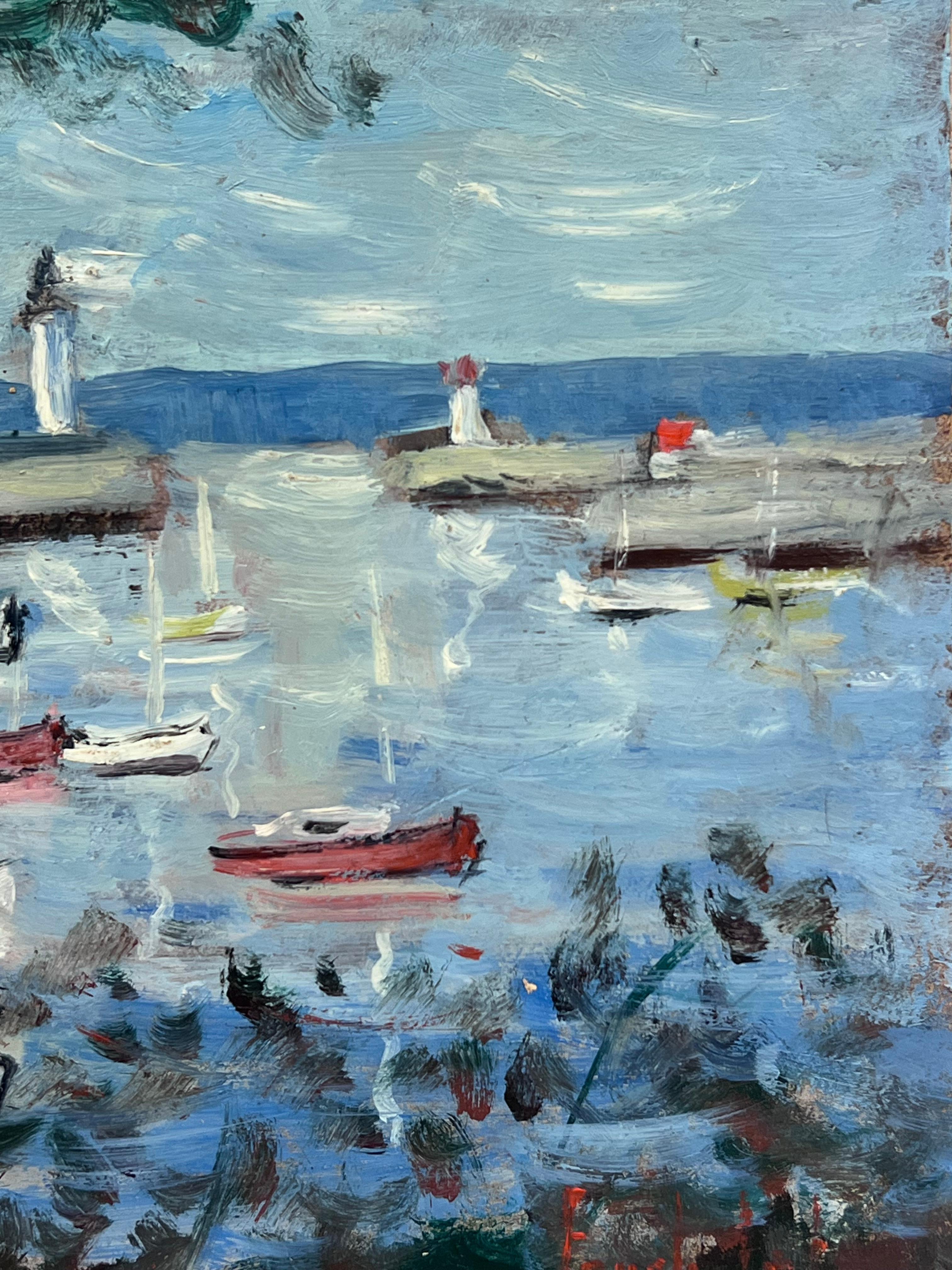 Pittura originale francese Riflessi di porto Barche a riposo vicino al faro - Painting Impressionismo di Fanch Lel