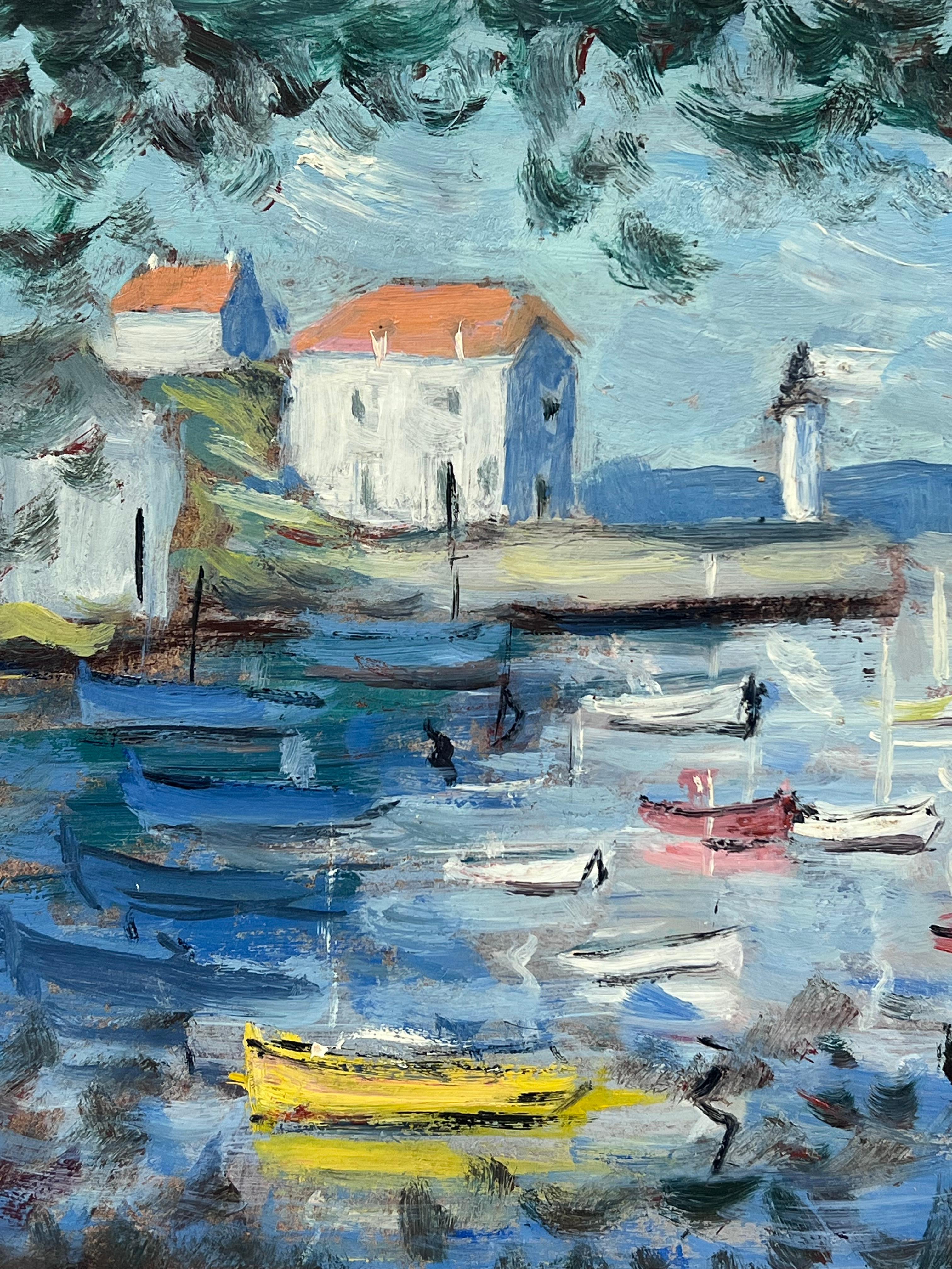 Pittura originale francese Riflessi di porto Barche a riposo vicino al faro - Landscape Painting Grigio di Fanch Lel