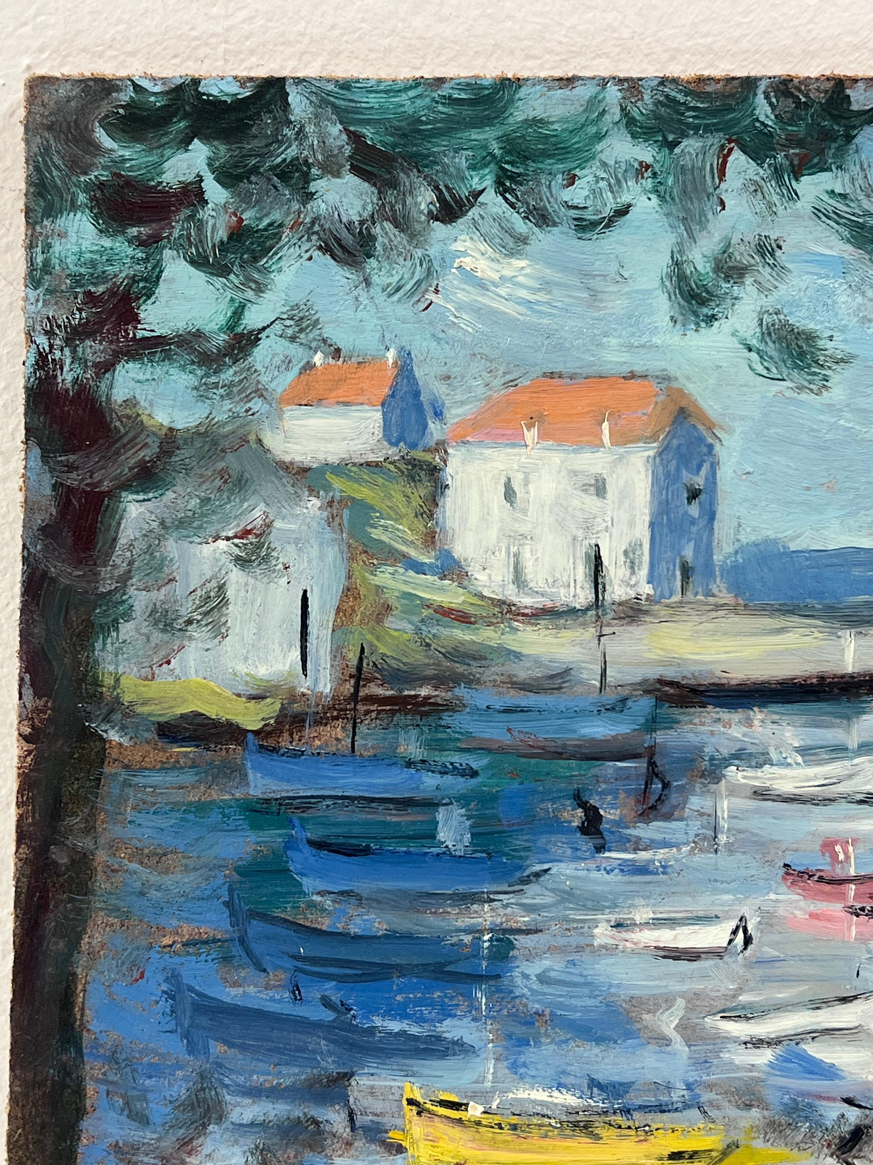 Riflessioni sul porto 
firmato da Fanch Lel (francese, nato nel 1930)
dimensioni: 9 x 10,75 pollici
dipinto a olio su tavola, senza cornice
condizioni: il dipinto è in ottime condizioni. In precedenza è stato conservato nello studio dell'artista.