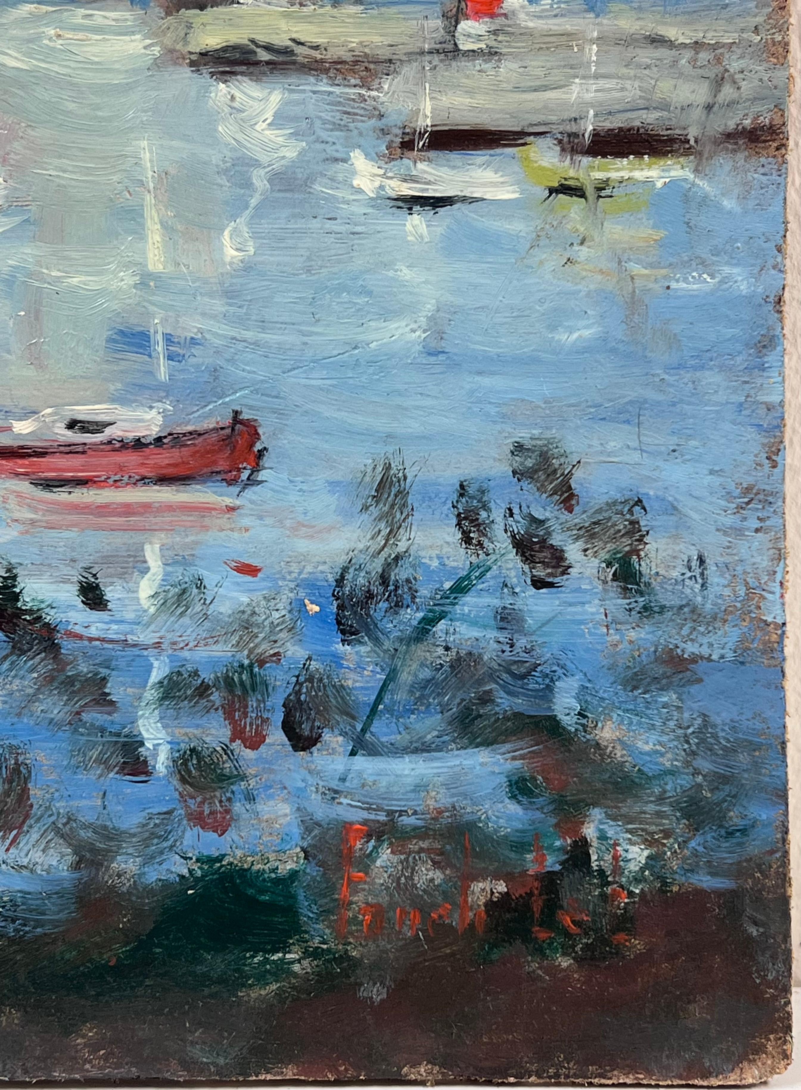Pittura originale francese Riflessi di porto Barche a riposo vicino al faro 1