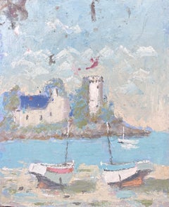 Pair of Docked Fishing Boats in Empty Beach Bay French Landscape Oil Painting