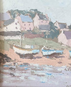 Pastel Sailing Boats Docked In The Town Shore French Oil Landscape Painting