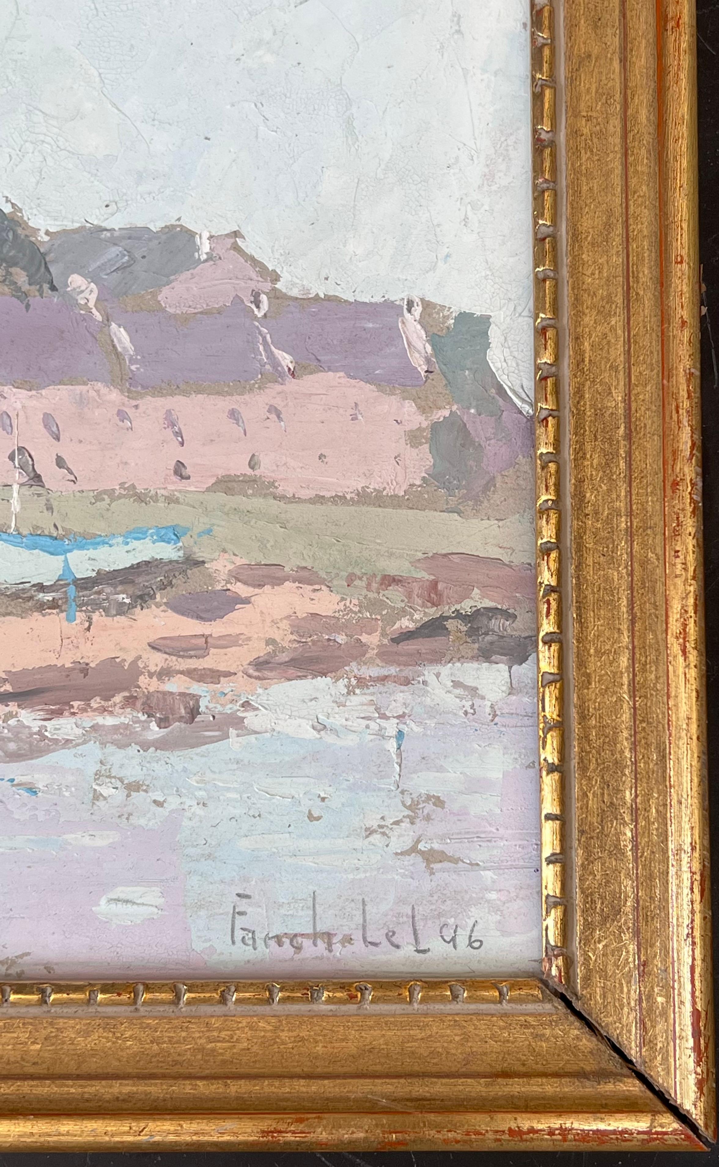 Pastel Veleros Atracados En La Orilla Del Pueblo Pintura Al Óleo Paisaje Francés - Painting Impresionista de Fanch Lel