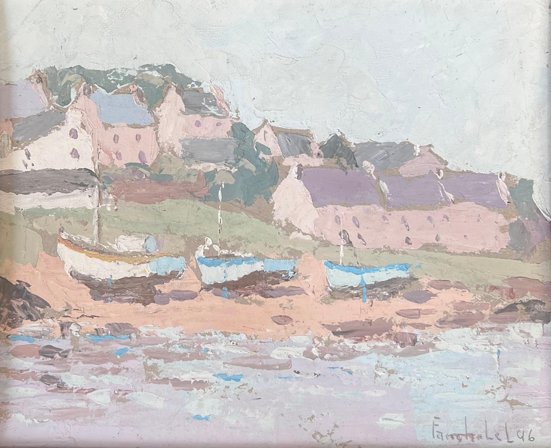 Pastel Veleros Atracados En La Orilla Del Pueblo Pintura Al Óleo Paisaje Francés - Landscape Painting Beige de Fanch Lel