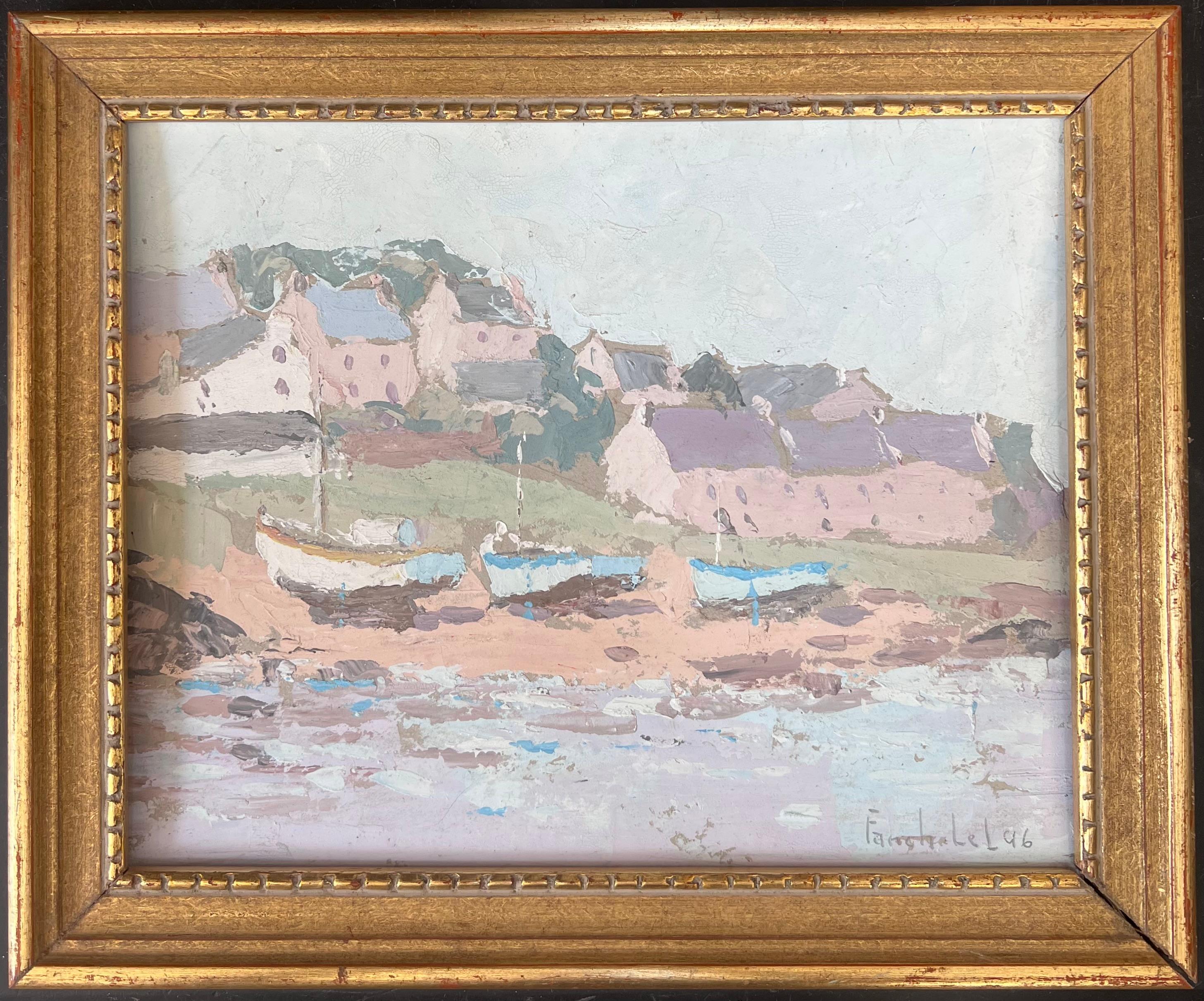 Landscape Painting de Fanch Lel - Pastel Veleros Atracados En La Orilla Del Pueblo Pintura Al Óleo Paisaje Francés