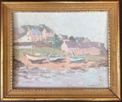 Pastel Sailing Boats Docked In The Town Shore French Oil Landscape Painting