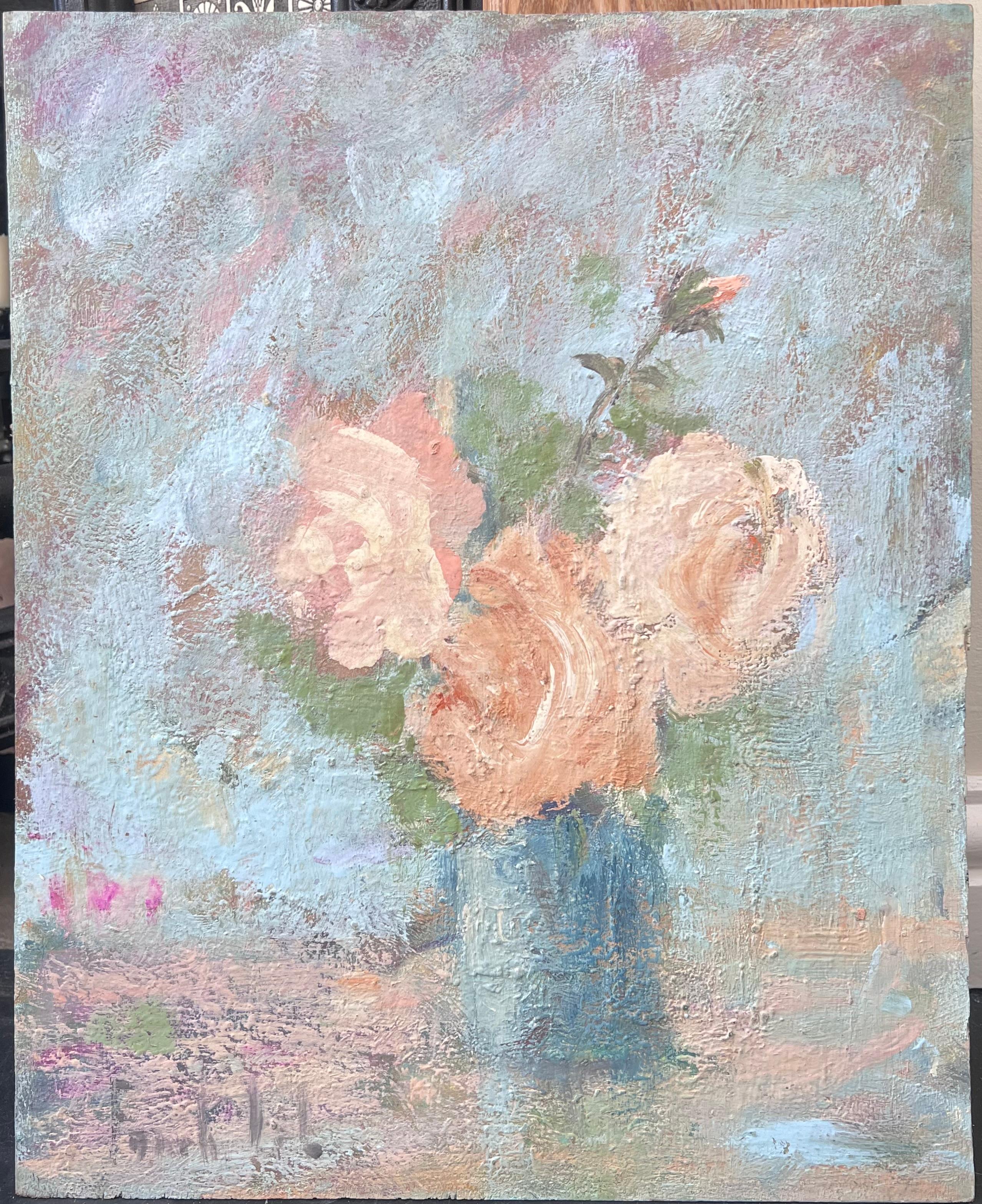 Rose rosa in fiore in vaso blu Natura morta Pittura a olio francese - Painting di Fanch Lel