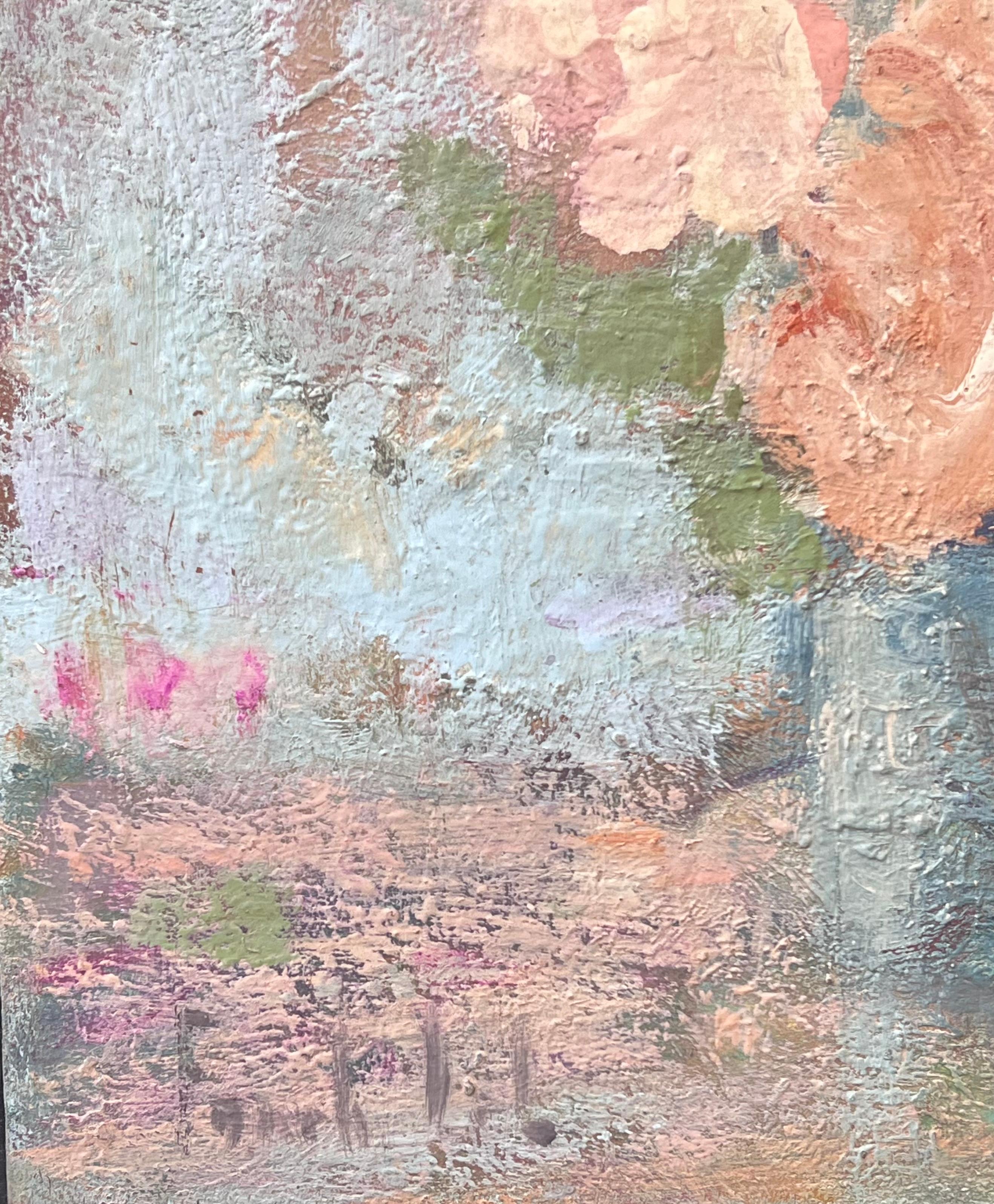 Rose rosa in fiore in vaso blu Natura morta Pittura a olio francese - Painting Impressionismo di Fanch Lel