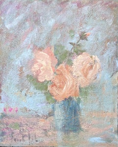 Rose rosa in fiore in vaso blu Natura morta Pittura a olio francese