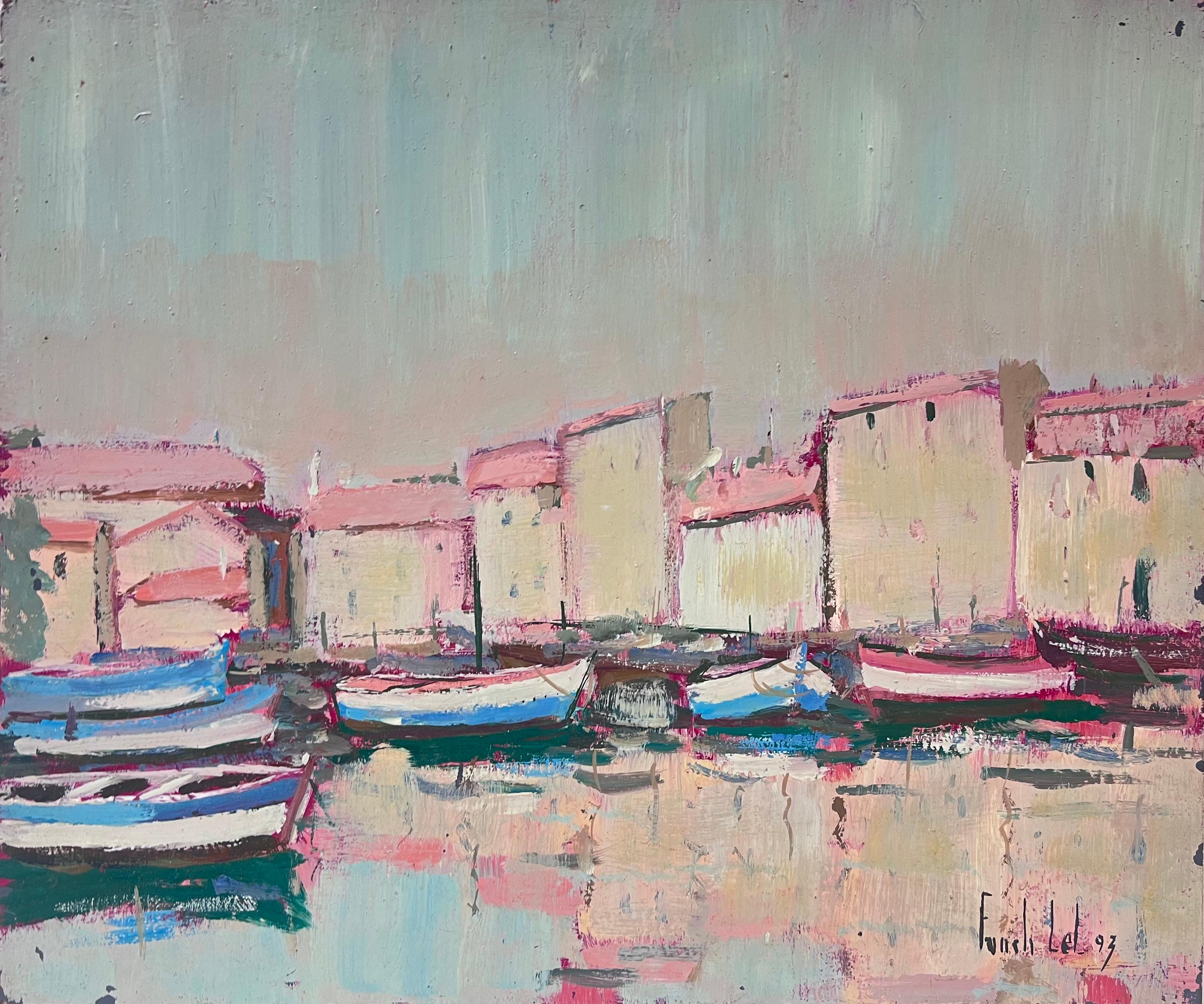 Barcos rosas de colores amarrados en un pueblo costero iluminado por el sol al atardecer Óleo francés - Painting de Fanch Lel