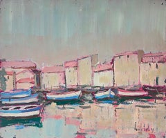 Pink Colourful Boats Moored In Sunlit Coastal Village at Dusk French Oil