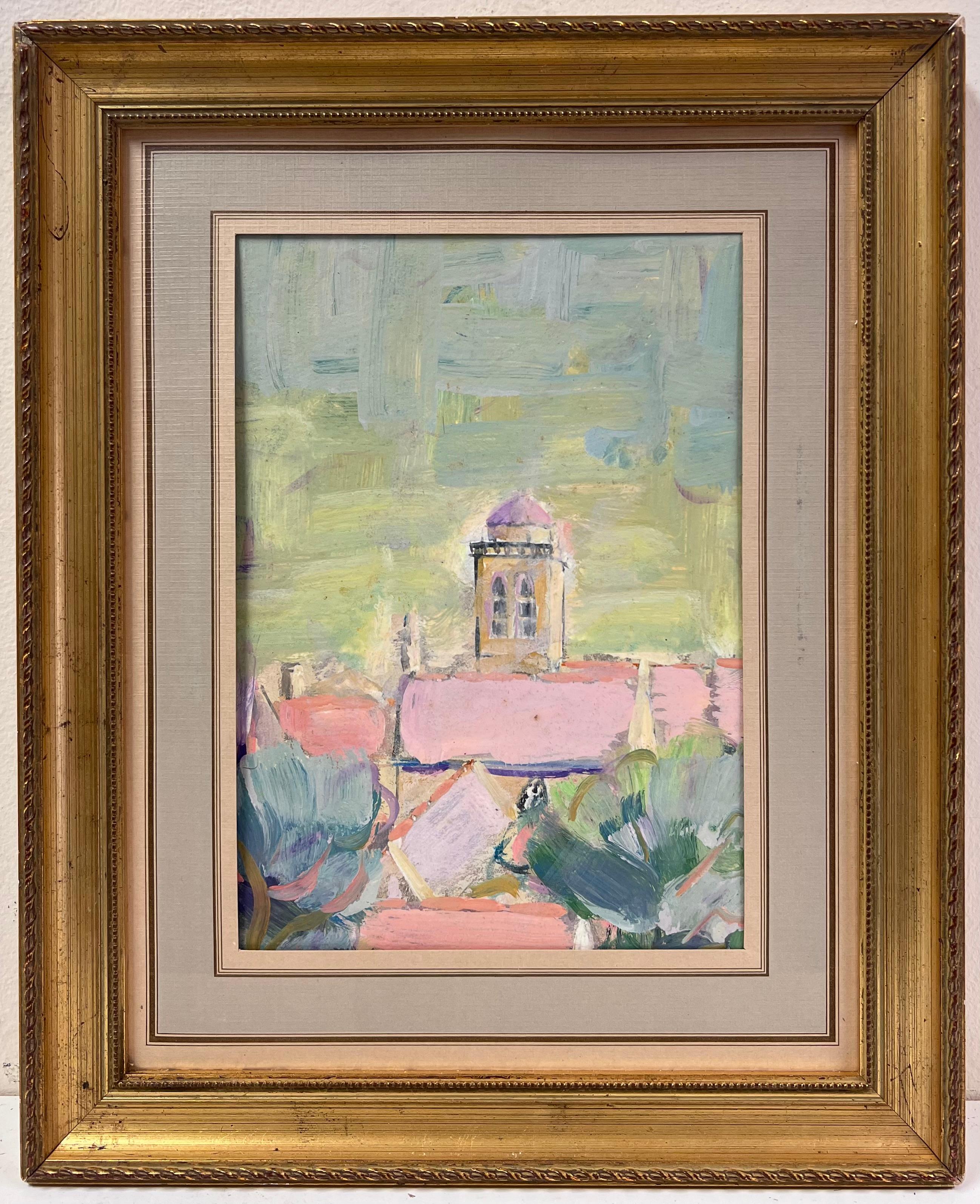 Pink Roof Top French Town Landscape Impressionist Oil Framed Painting - Brown Landscape Painting by Fanch Lel