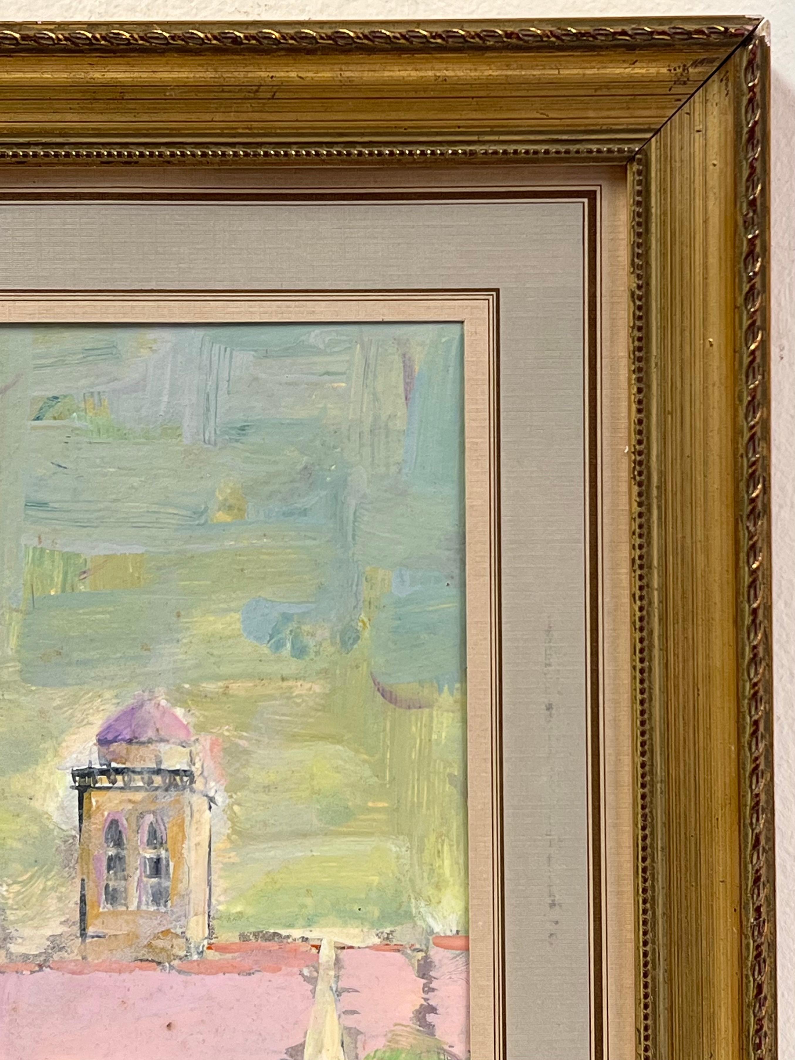 Pink Roof Top Gardens
By Fanch Lel
Signed and dated 92'
Framed: 13.5 x 11 inches
Size: 11.5 x 9.5 inches (height x width)
Oil painting on thin board, framed
Condition: Good condition overall with minor surface handling marks and light wear to edges,