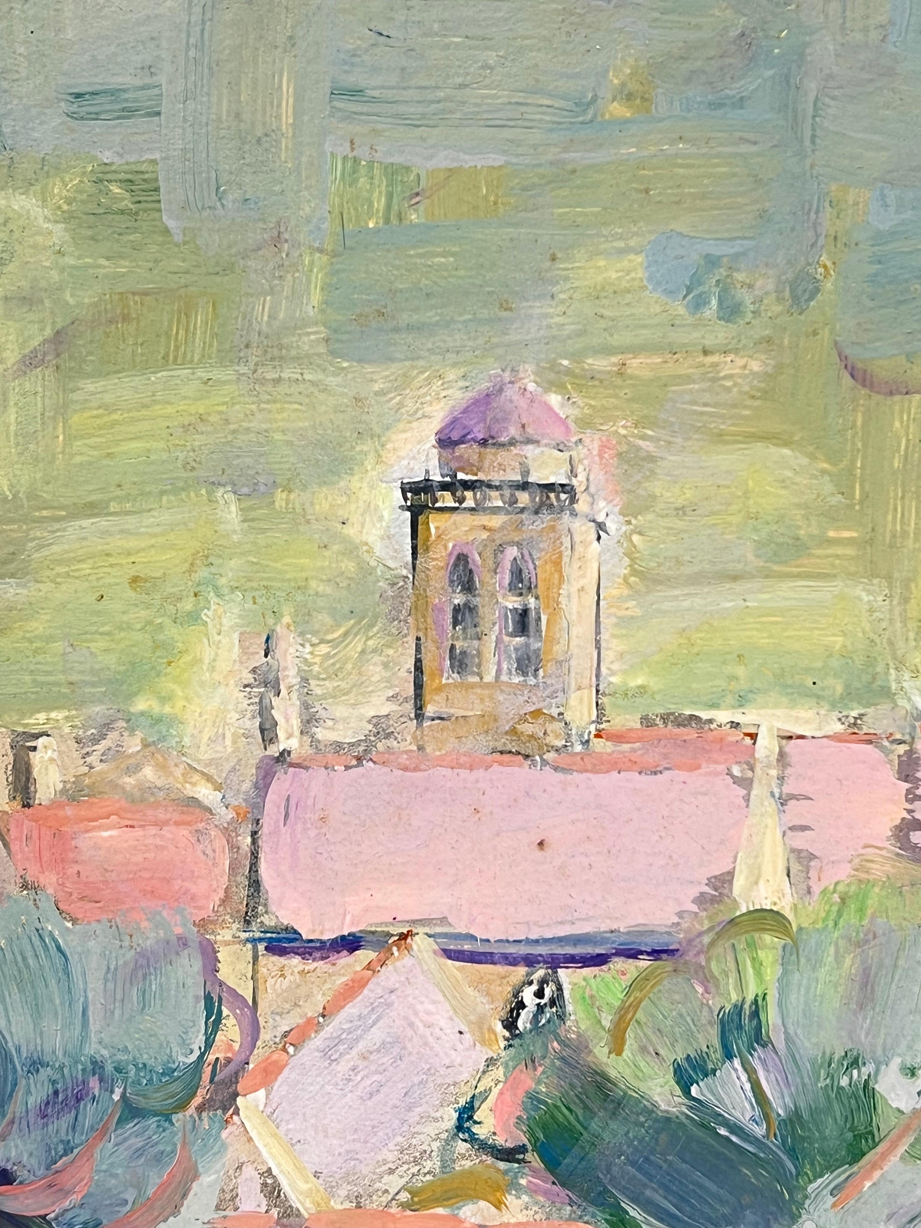 Pink Roof Top French Town Landscape Impressionist Oil Framed Painting For Sale 1