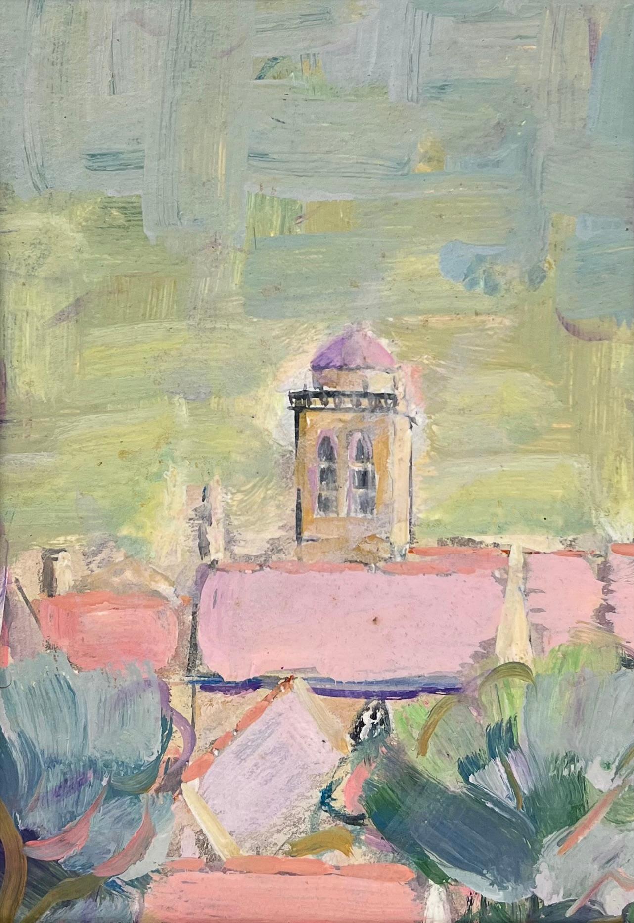 Pink Roof Top French Town Landscape Impressionist Oil Framed Painting For Sale 2