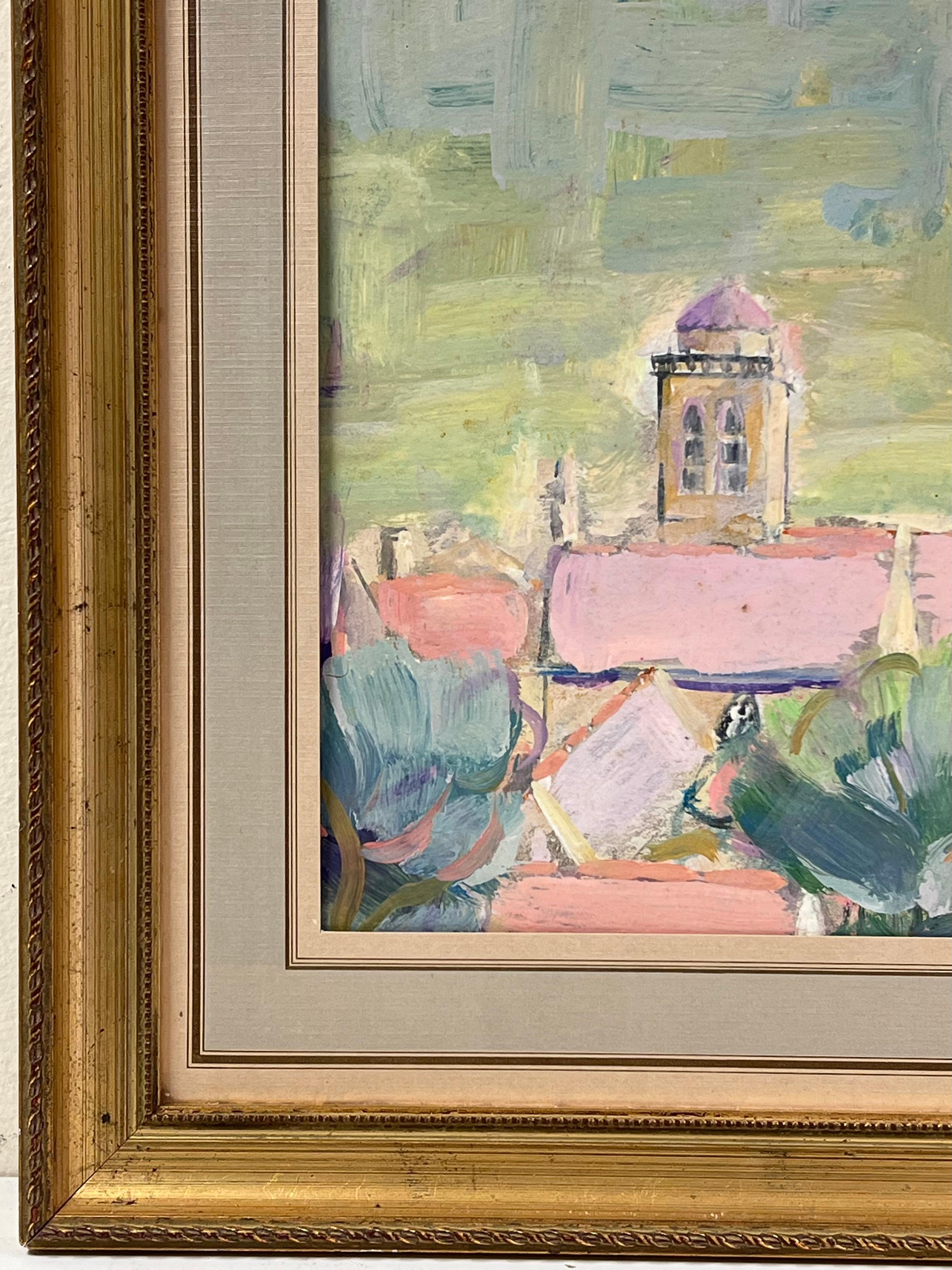 Pink Roof Top French Town Landscape Impressionist Oil Framed Painting For Sale 3