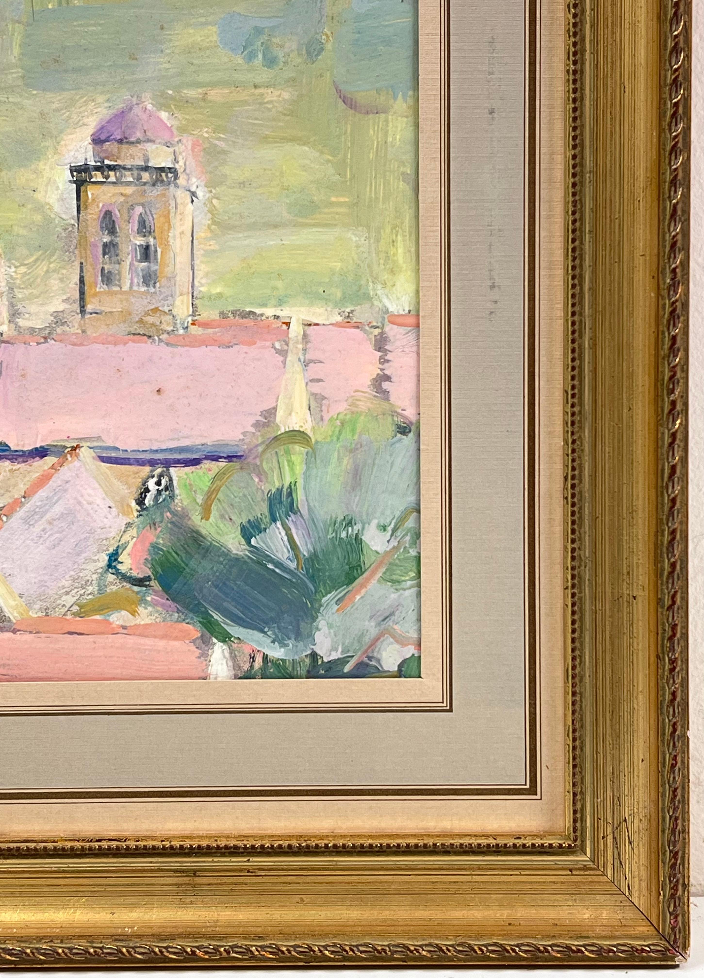 Pink Roof Top French Town Landscape Impressionist Oil Framed Painting For Sale 4