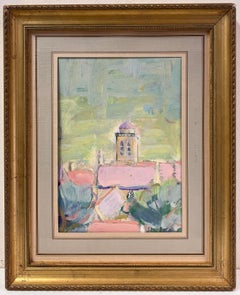 Pink Roof Top French Town Landscape Impressionist Oil Framed Painting