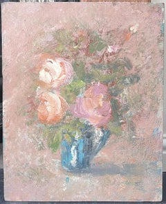 Pink Roses In Blue Vase Interior French Landscape Oil Painting