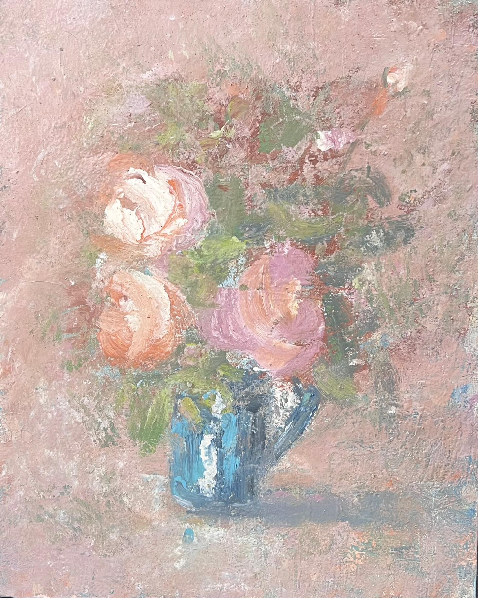 Rosa Rosen in blauer Vase, Innenraum, Französische Landschaft, Ölgemälde, Ölgemälde